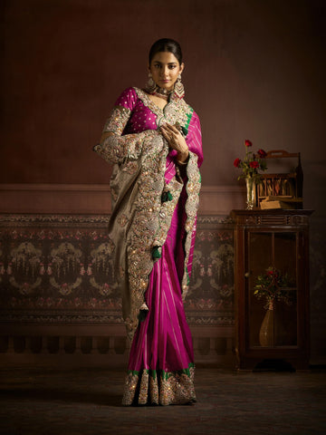Fuchsia Pink Bridal Saree with Beige Embroidery