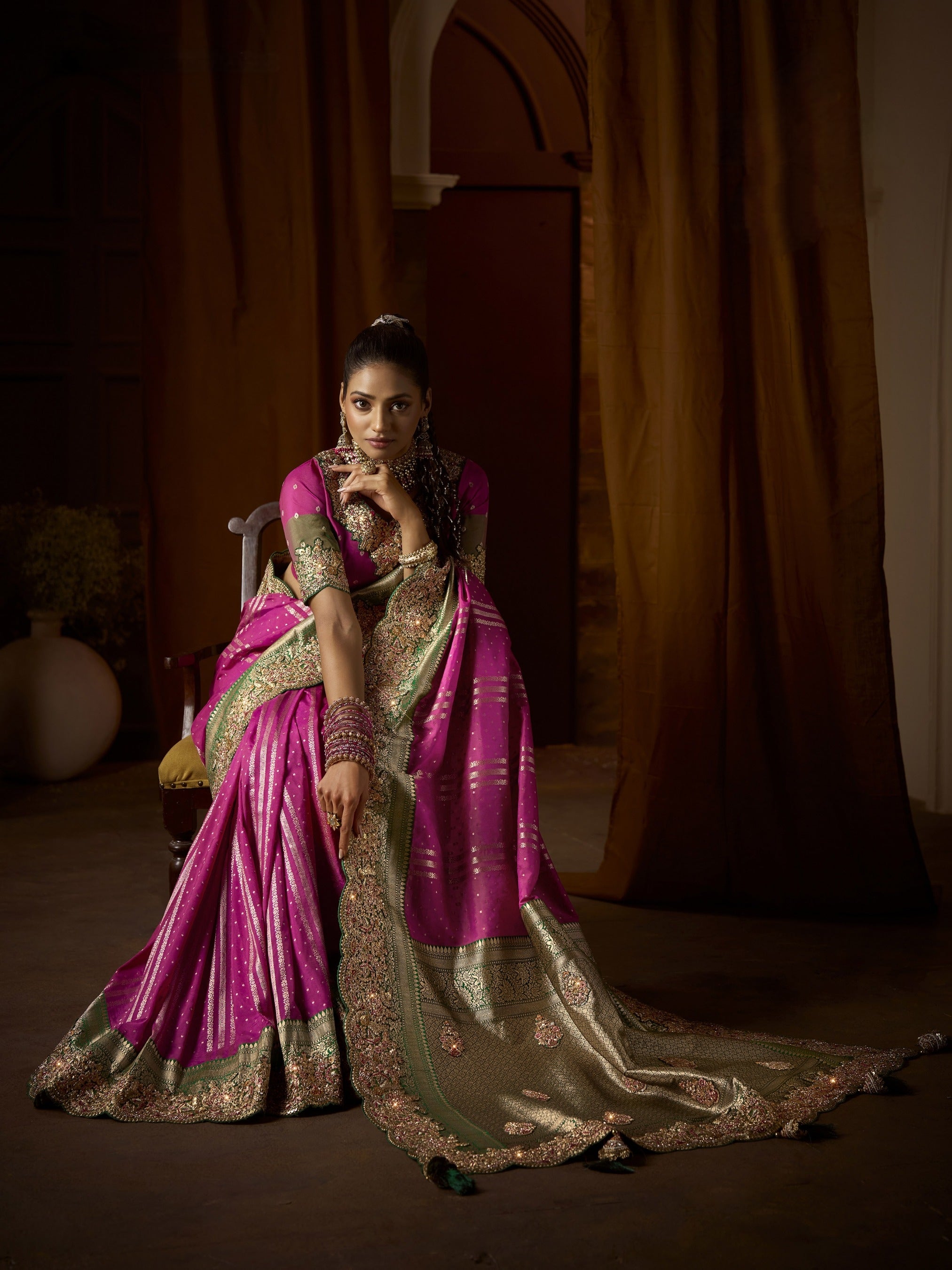 Rani Pink Silk Saree with Heavy Embroidery