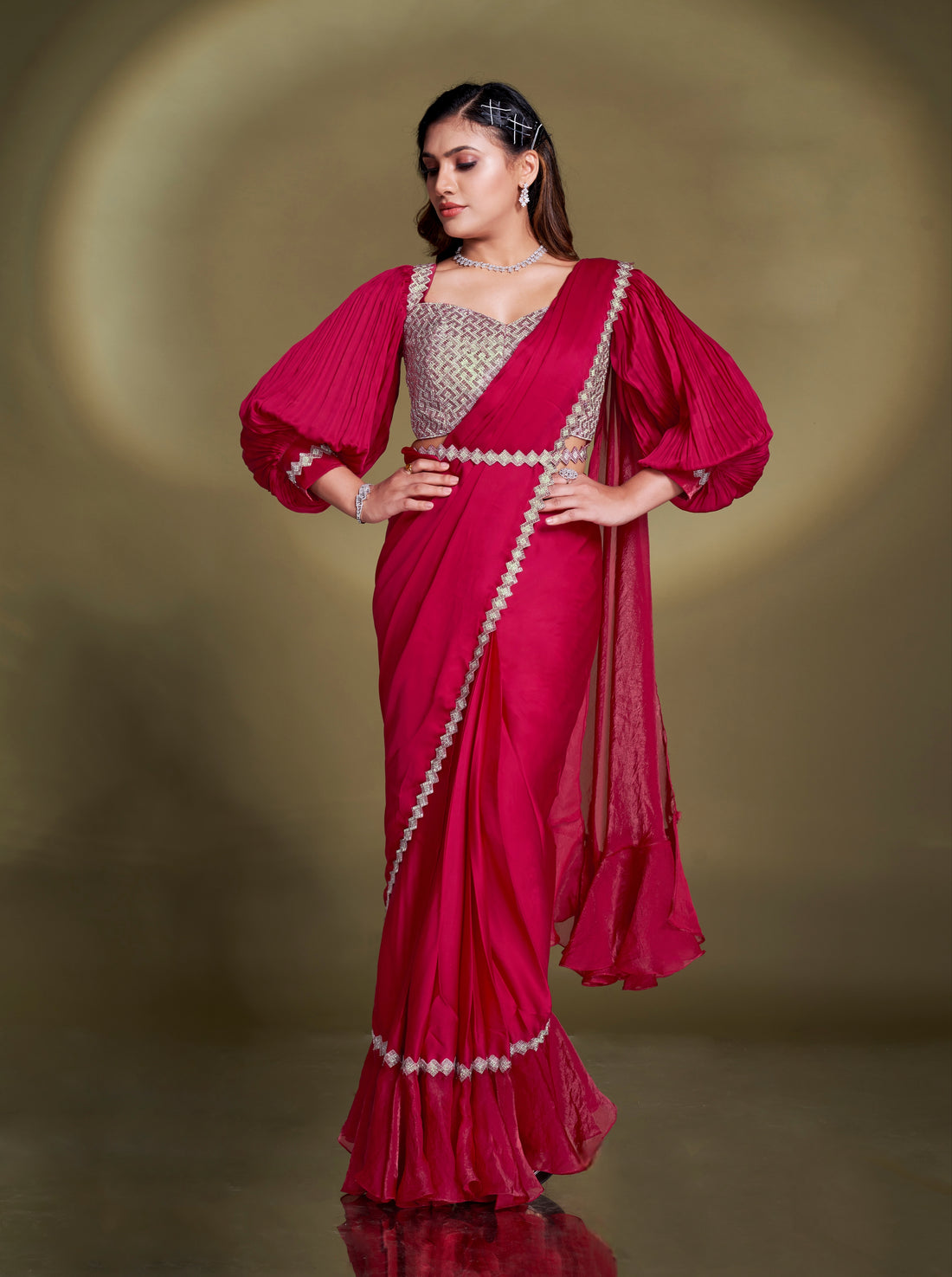 Ruby Red Ready to Wear Satin Silk Saree with Embroidered Blouse