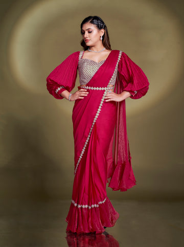 Ruby Red Ready to Wear Satin Silk Saree with Embroidered Blouse