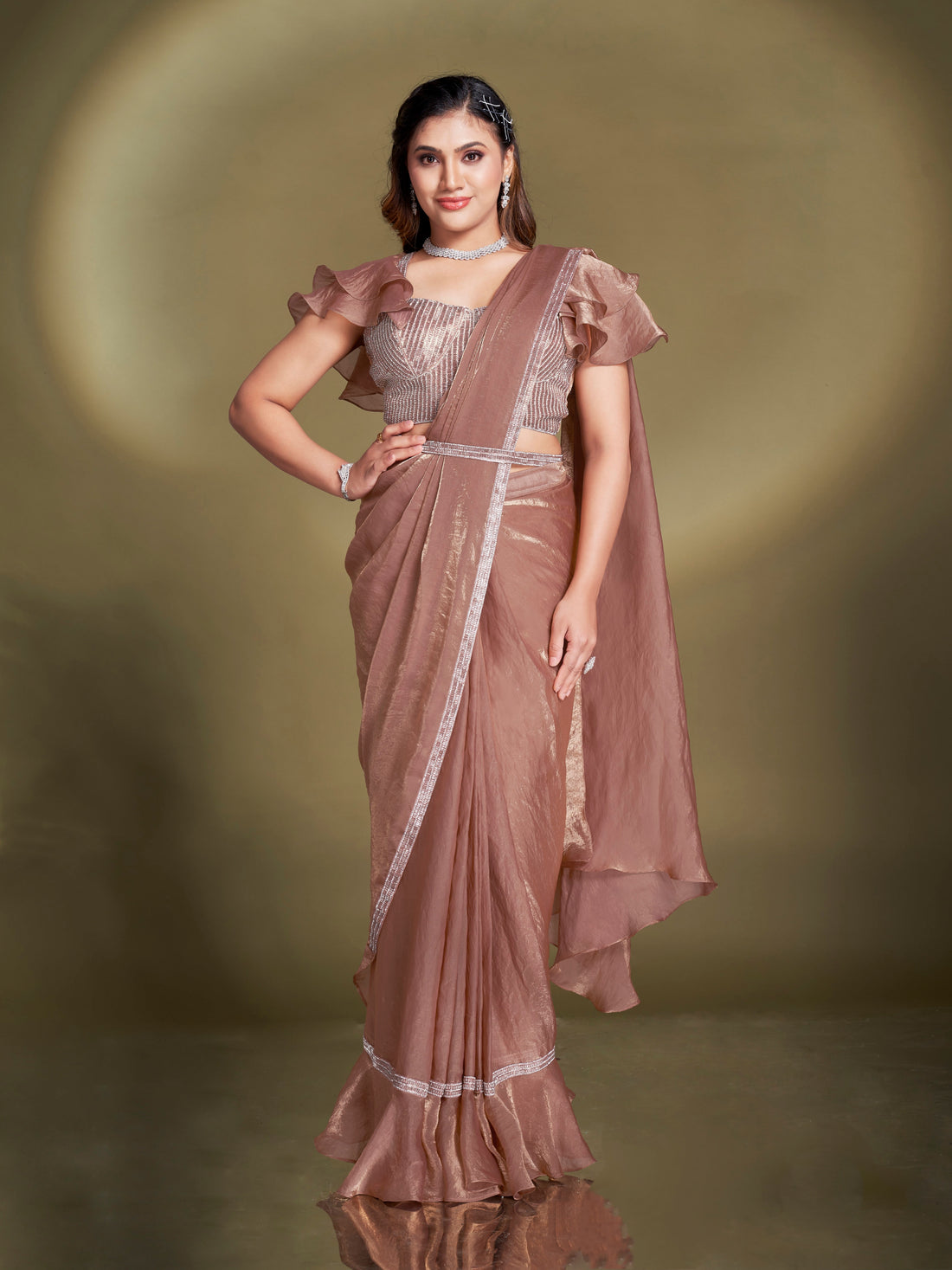 Mocha Brown Satin Silk Ready to Wear Saree with Embroidered Blouse