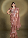 Mocha Brown Satin Silk Ready to Wear Saree with Embroidered Blouse