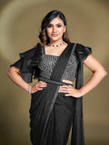 Elegant Black Ruffle Satin Saree with Poly Crepe Blouse β Side View