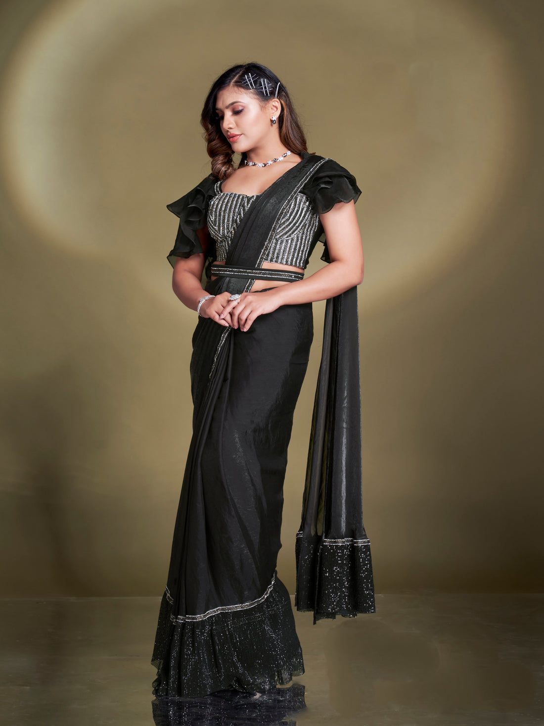 Black Satin Silk Ready to Wear Saree with Embroidered Blouse β Front Pose