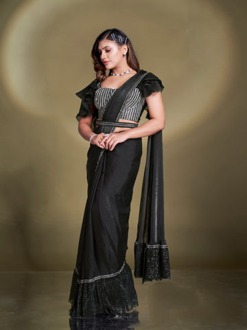 Black Satin Silk Ready to Wear Saree with Embroidered Blouse β Front Pose
