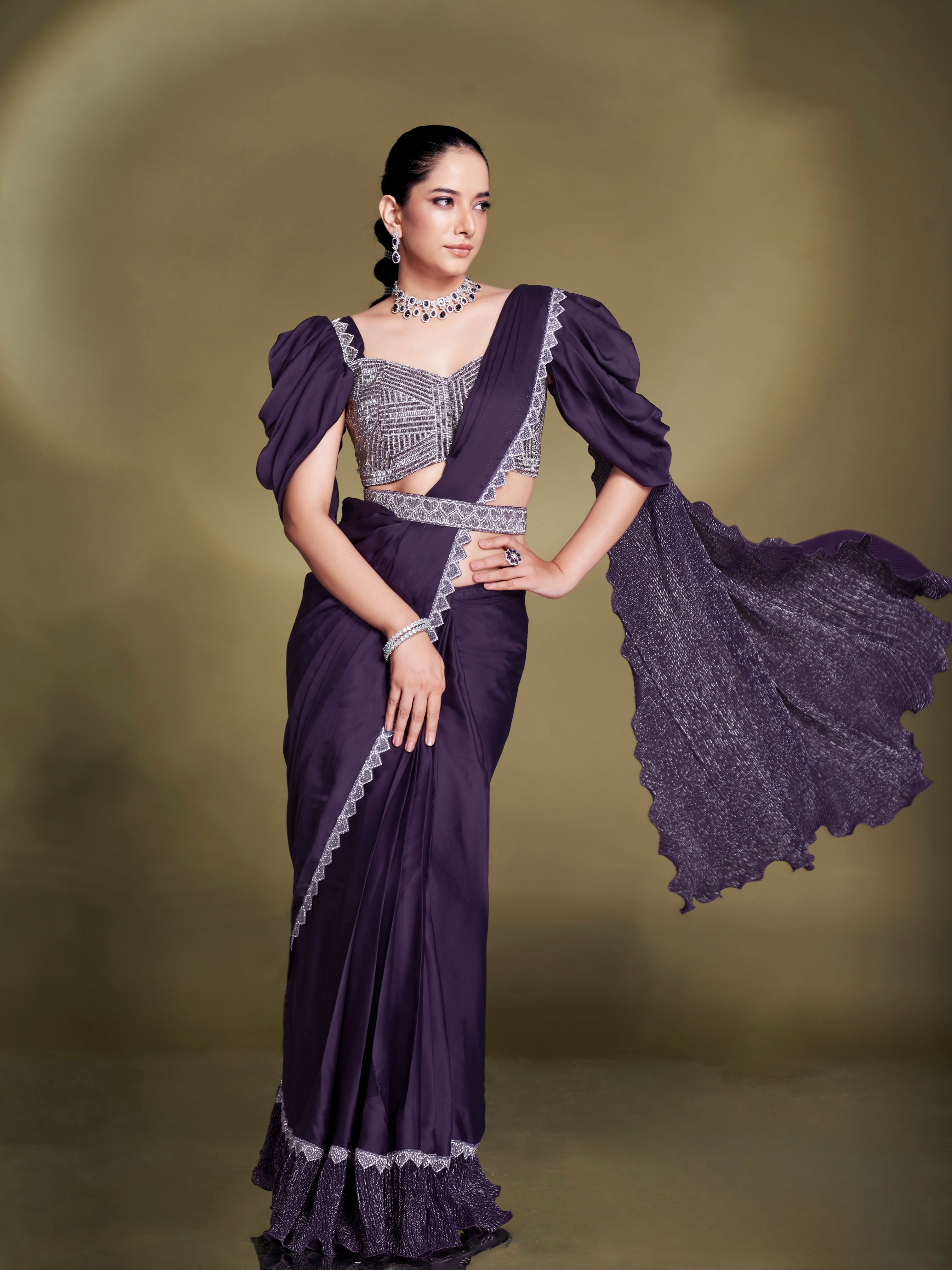 Purple Satin Silk Ready to Wear Ruffle Saree with Embroidered Blouse