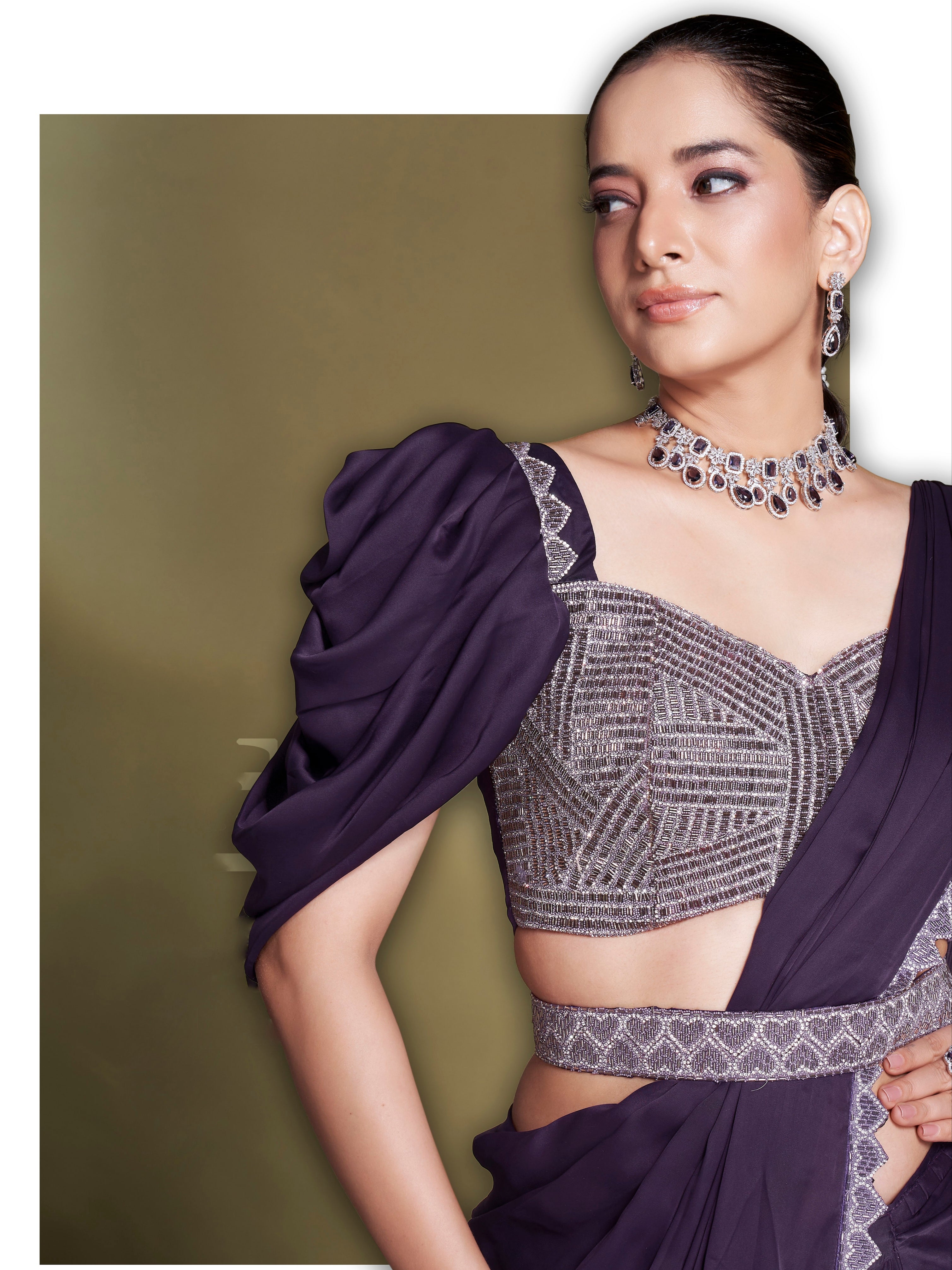 Close-Up of Embroidery on Poly Crepe Blouse Paired with Purple Saree