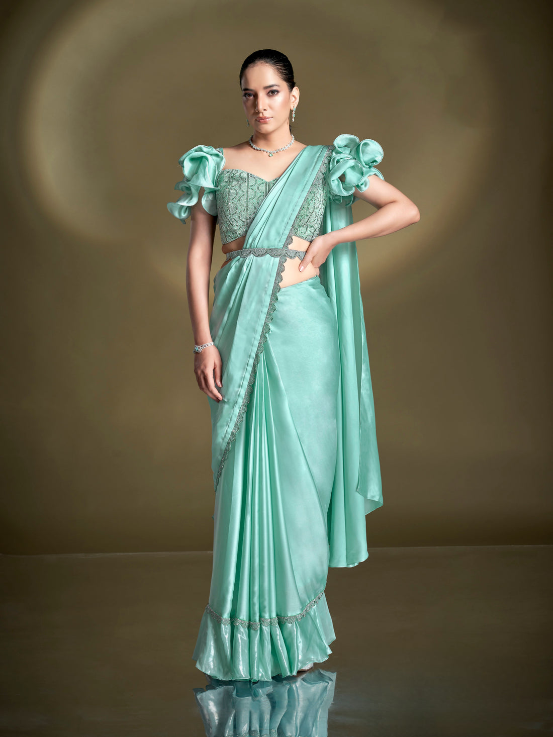 Mint Green Satin Silk Ready to Wear Saree with Ruffles and Embroidered Blouse