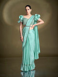 Mint Green Satin Silk Ready to Wear Saree with Ruffles and Embroidered Blouse