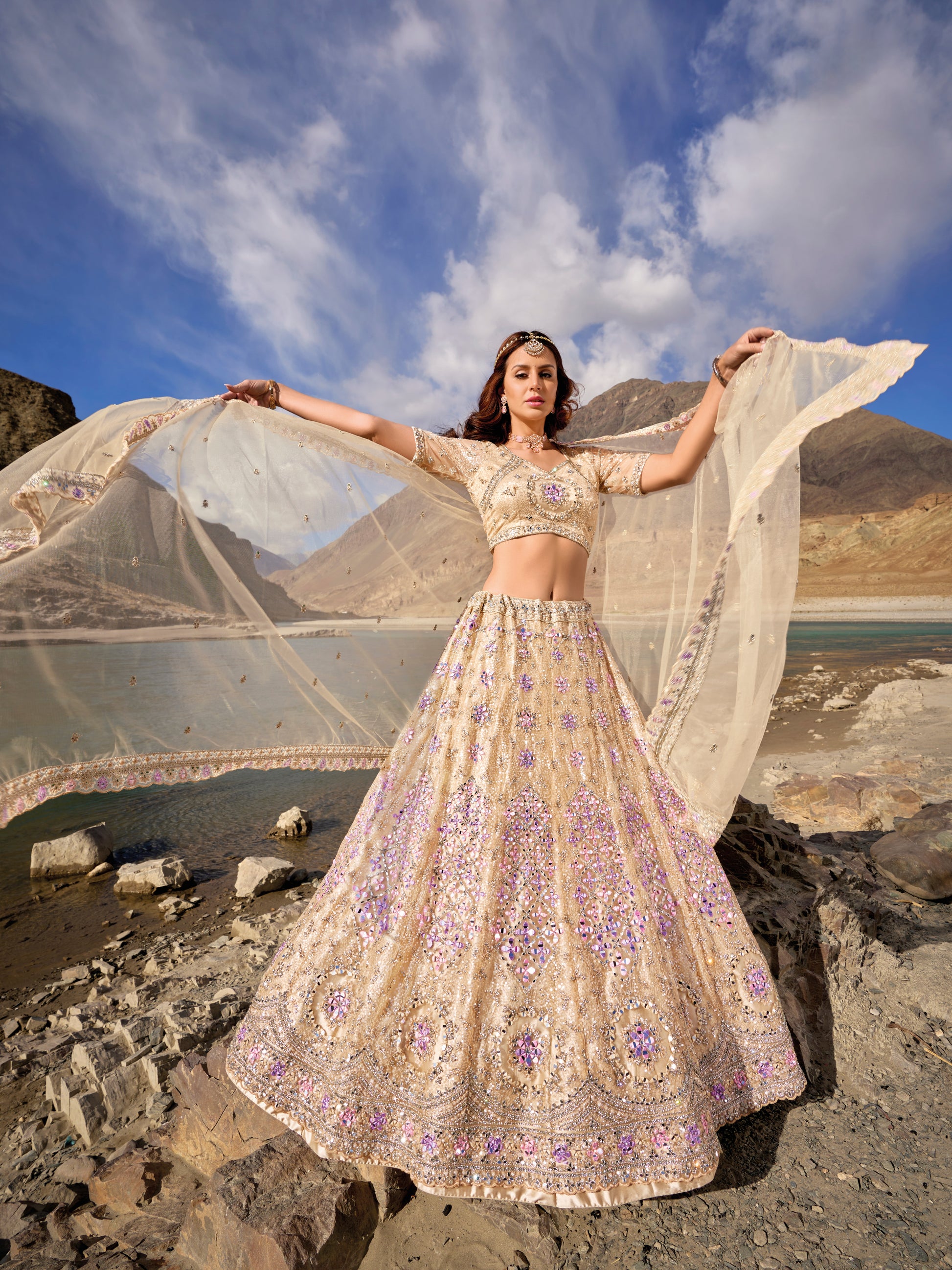 Beige and Purple Wedding Lehenga with Gold Mirror Work