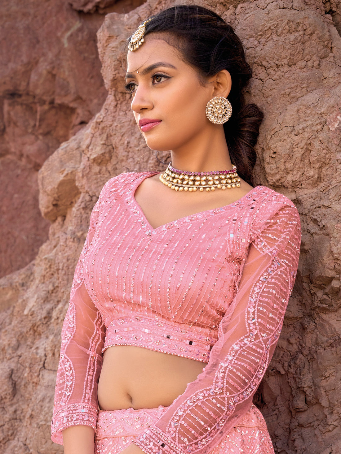 Blush pink lehenga with mirror and zarkan embroidery