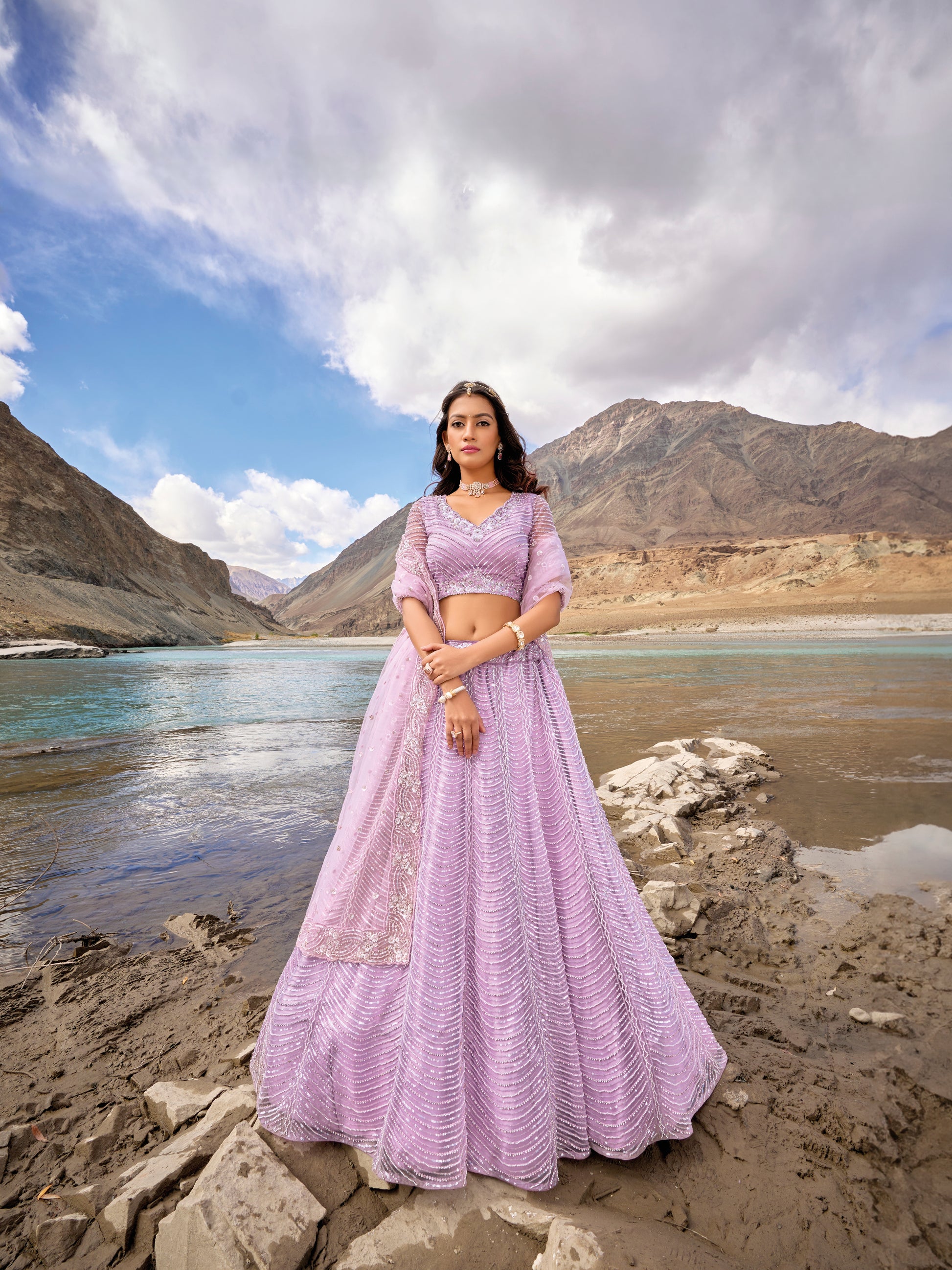 Lavender bridal lehenga with heavy mirror and zarkan embroidery