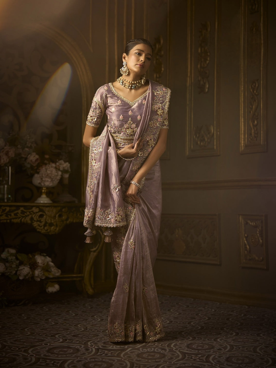 Lavender bridal saree in golden silk with hand embroidery