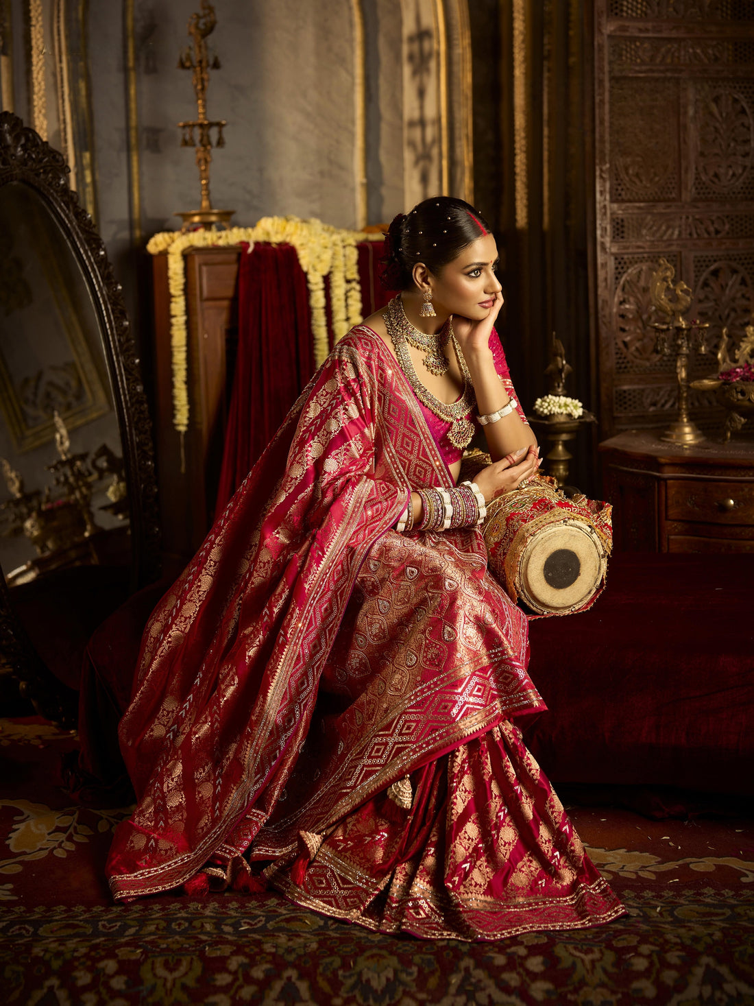 Pure satin silk bridal saree with traditional design