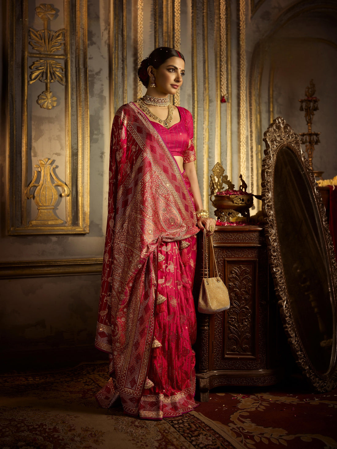 Red bridal satin silk saree with heavy hand embroidery and zircon