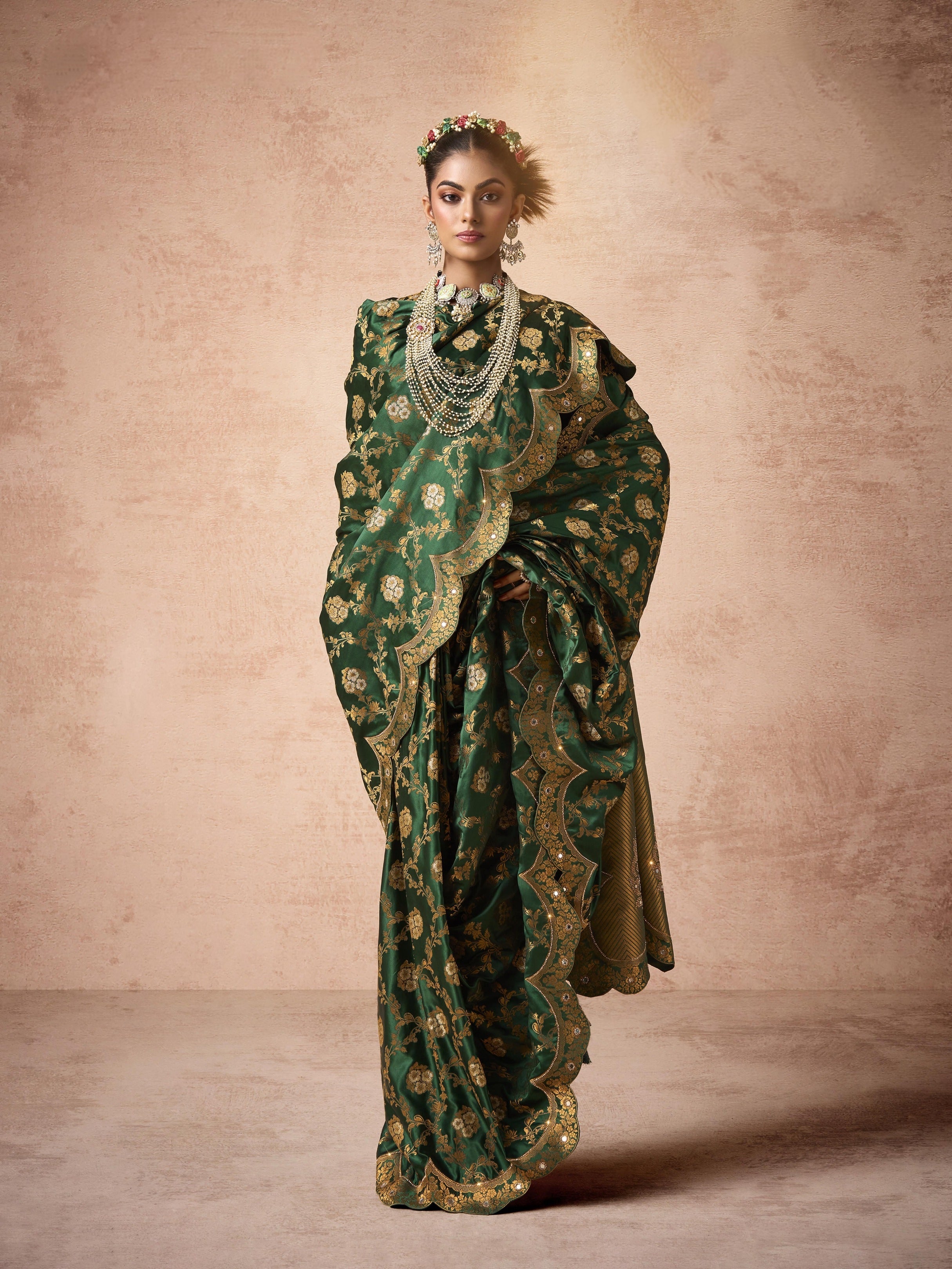 Bottle green satin bridal saree with embroidery