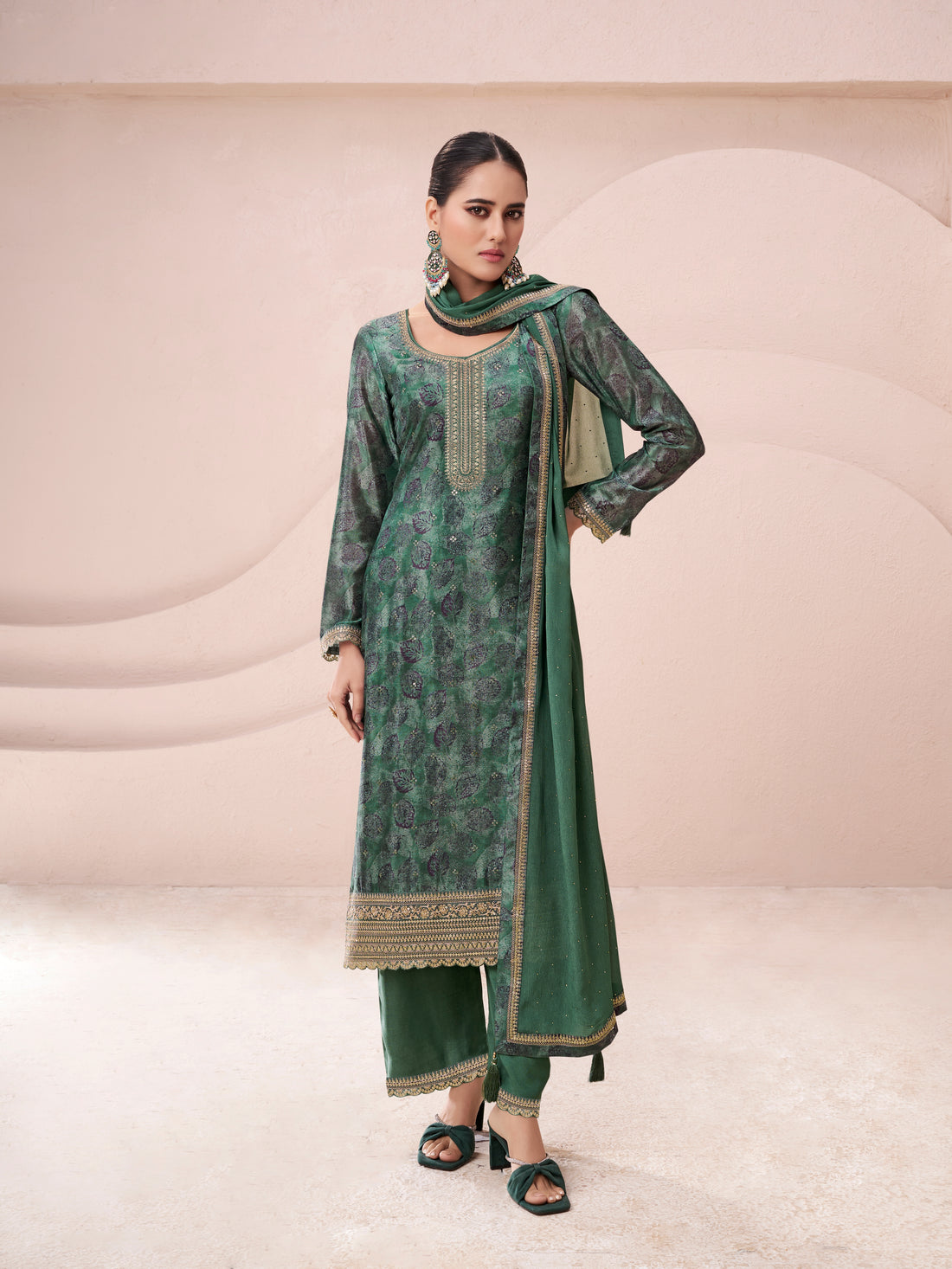 Green chinon kurta set with dupatta