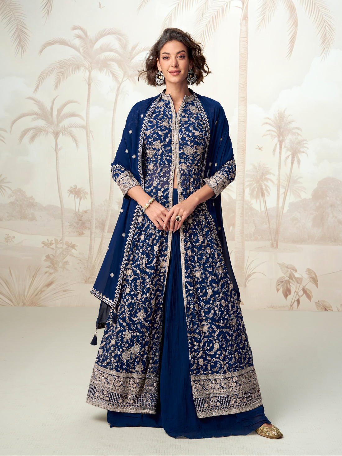 Navy blue embroidered Anarkali suit with dupatta