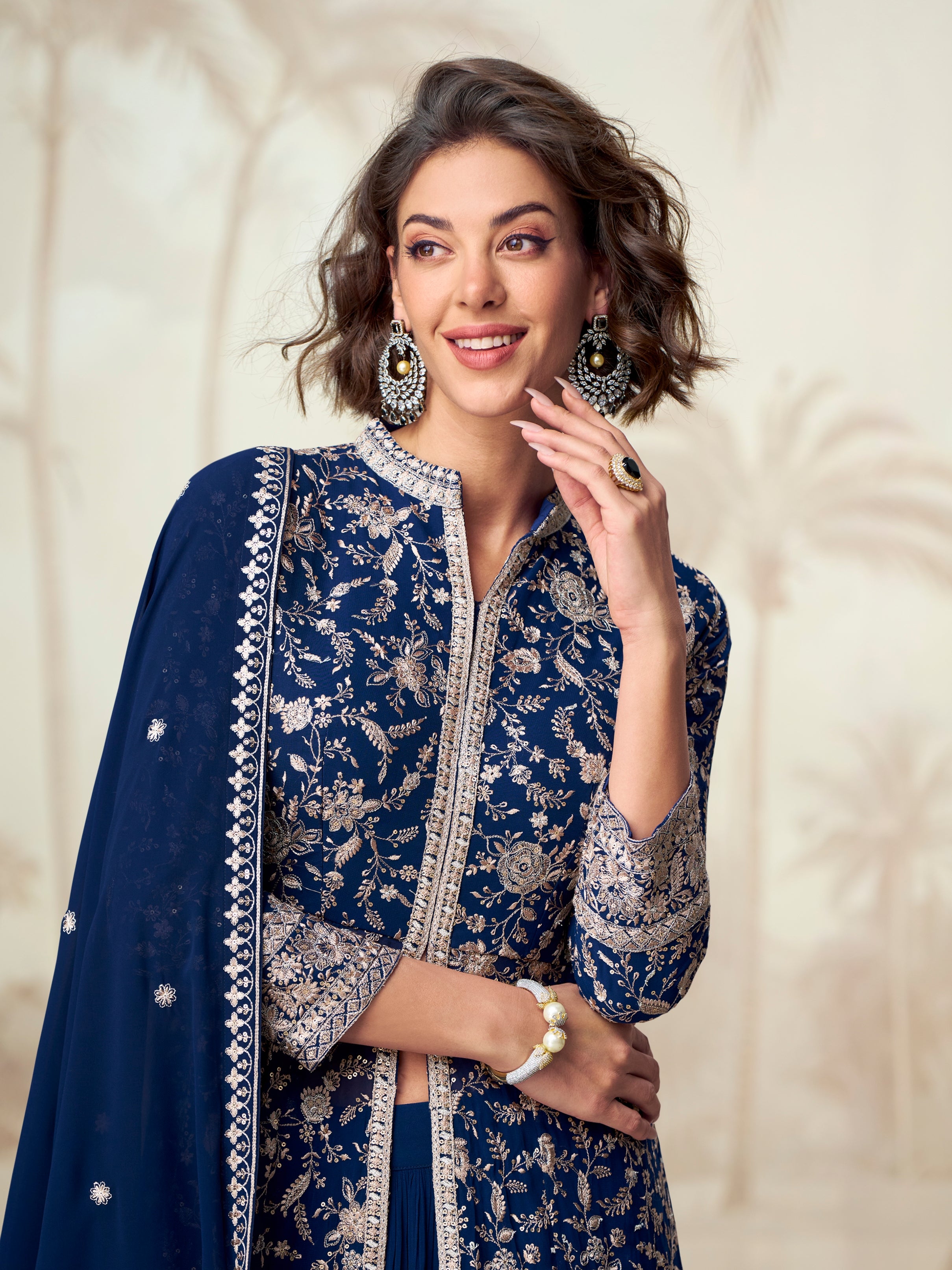 Designer navy Anarkali with heavy golden work