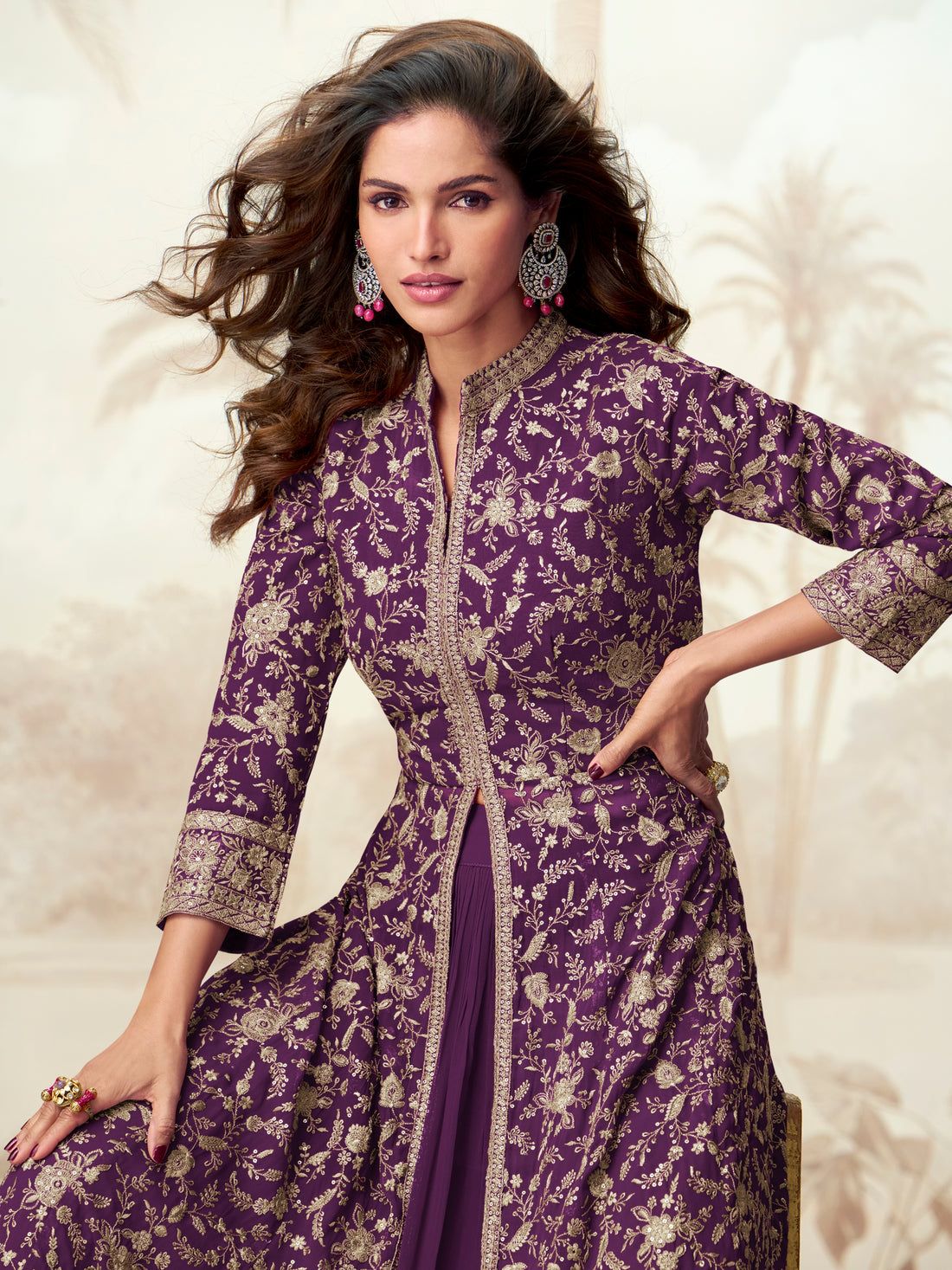 Purple georgette Anarkali suit with golden embroidery
