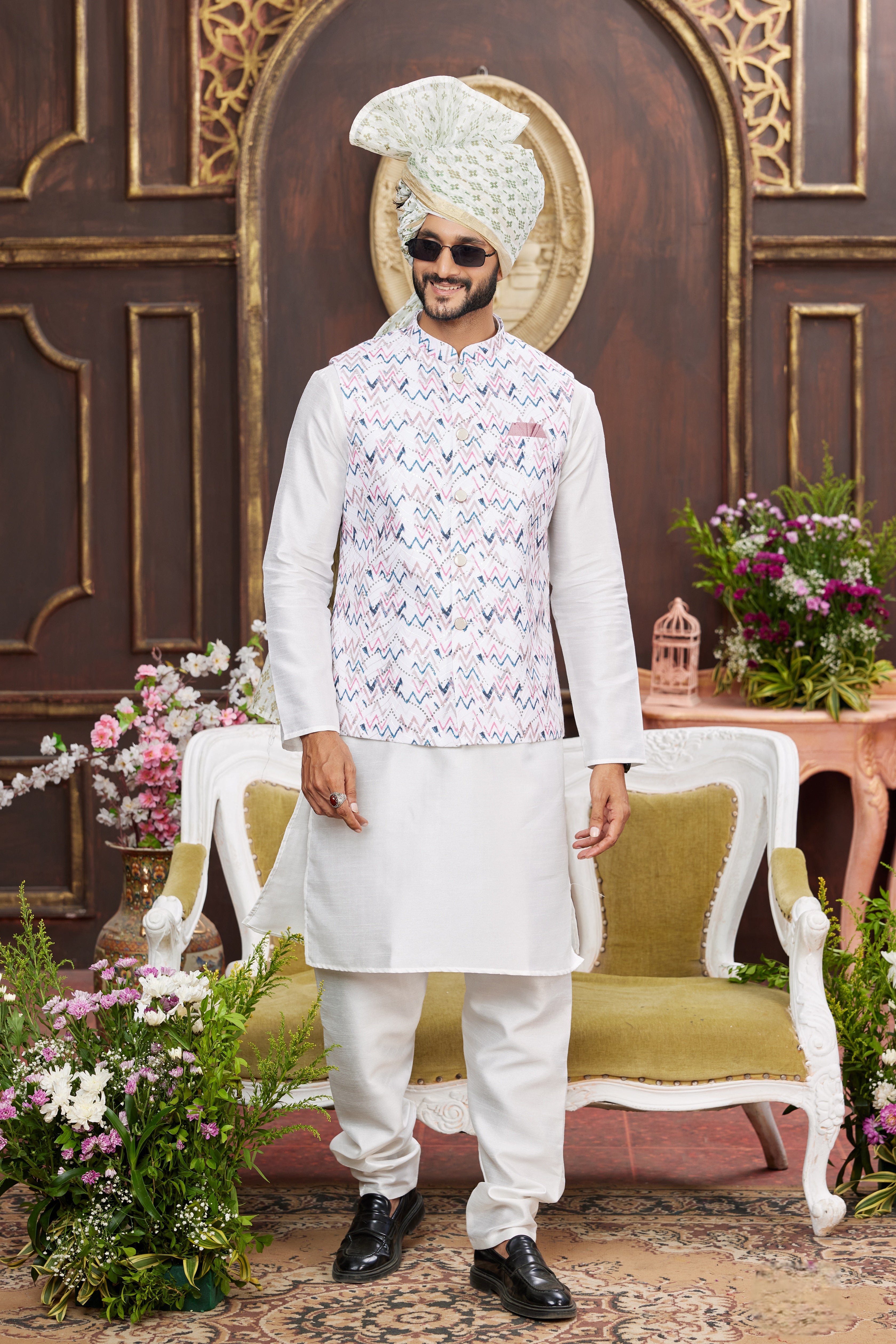 White kurta pajama with pink embroidered jacket