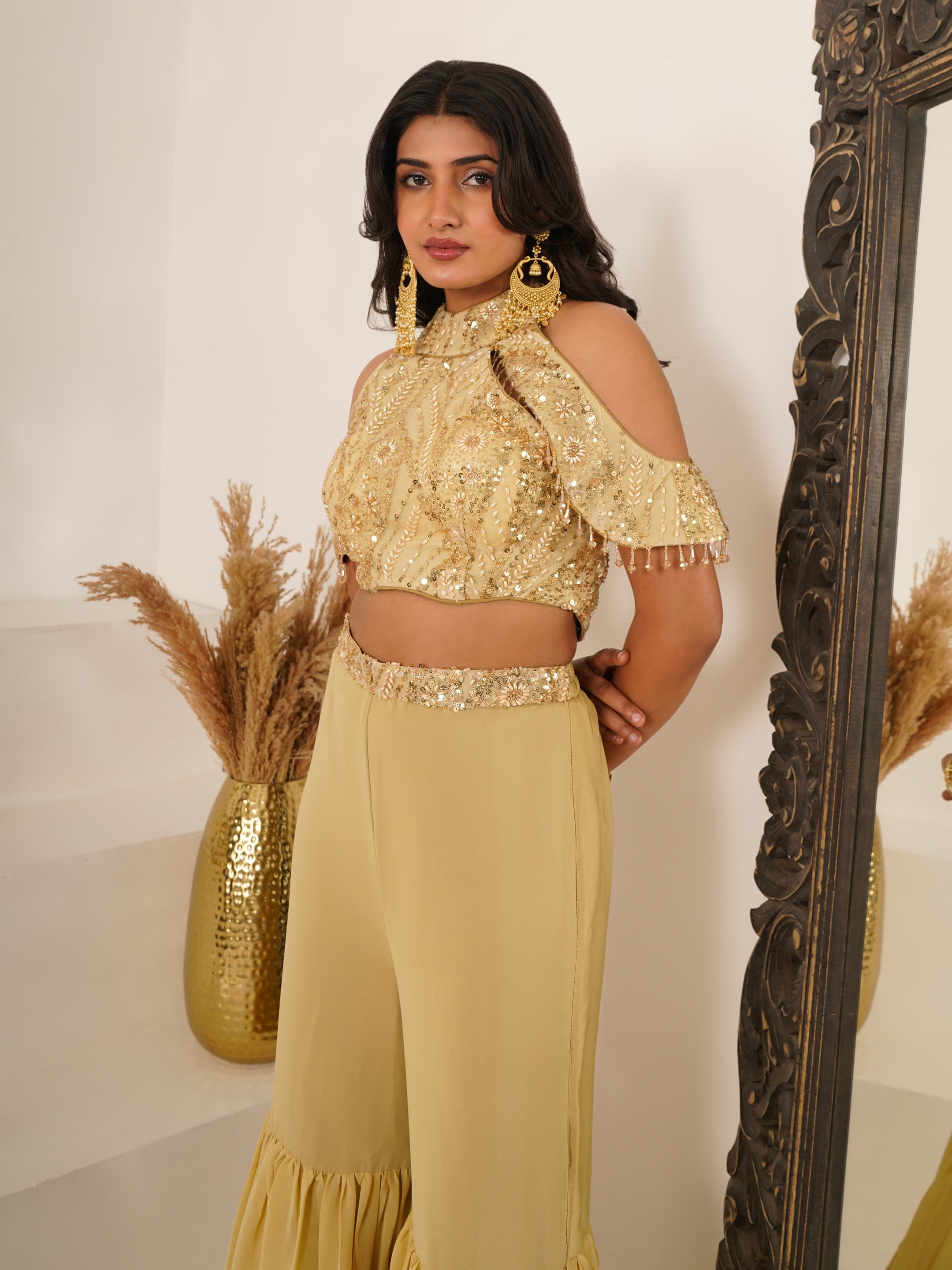 Hand Embroidered Crop Top with Tiered Palazzo – Wedding Wear