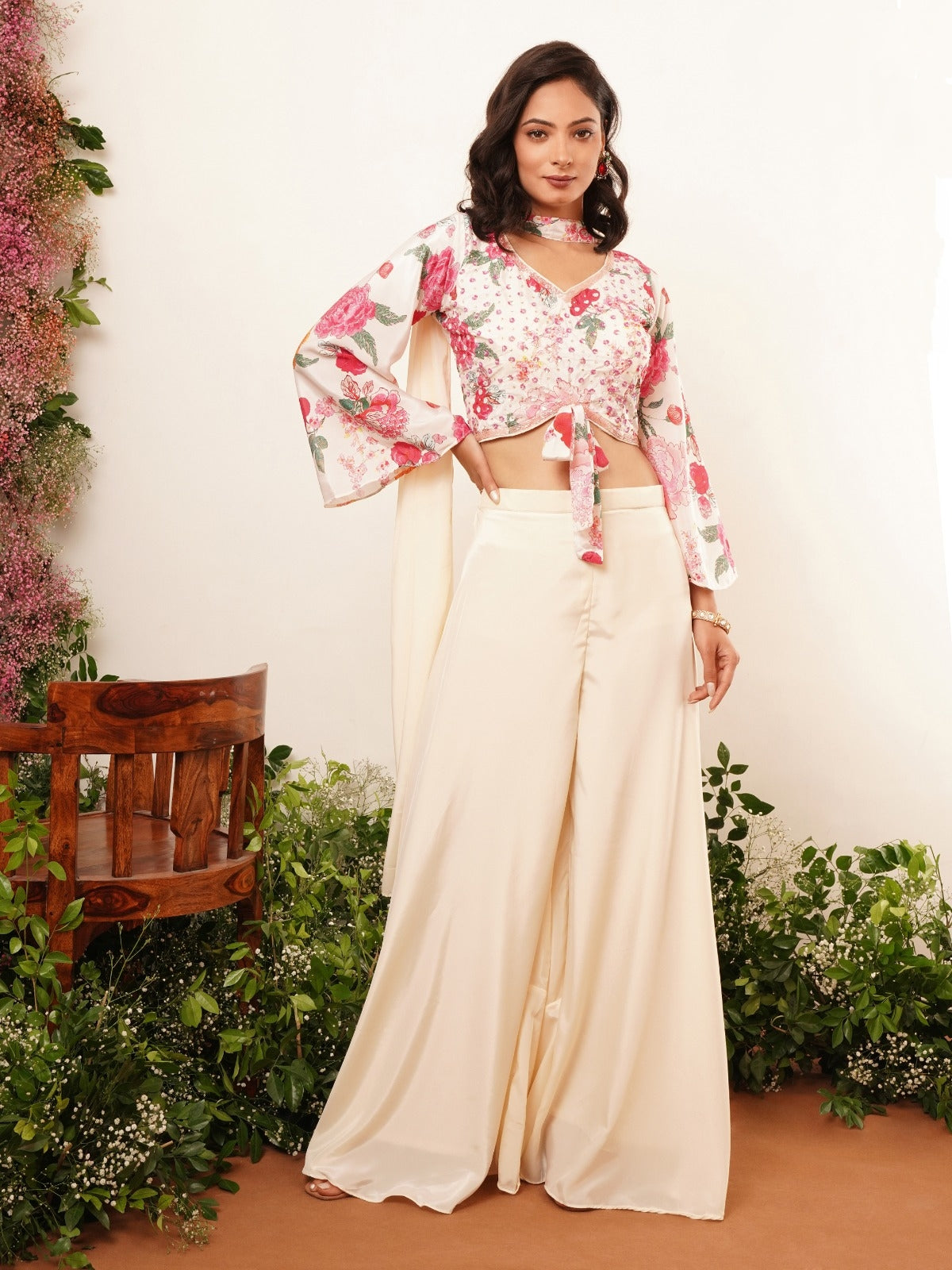 Cream Indo Western Floral Crop Top Palazzo Set with Dupatta – Full Look