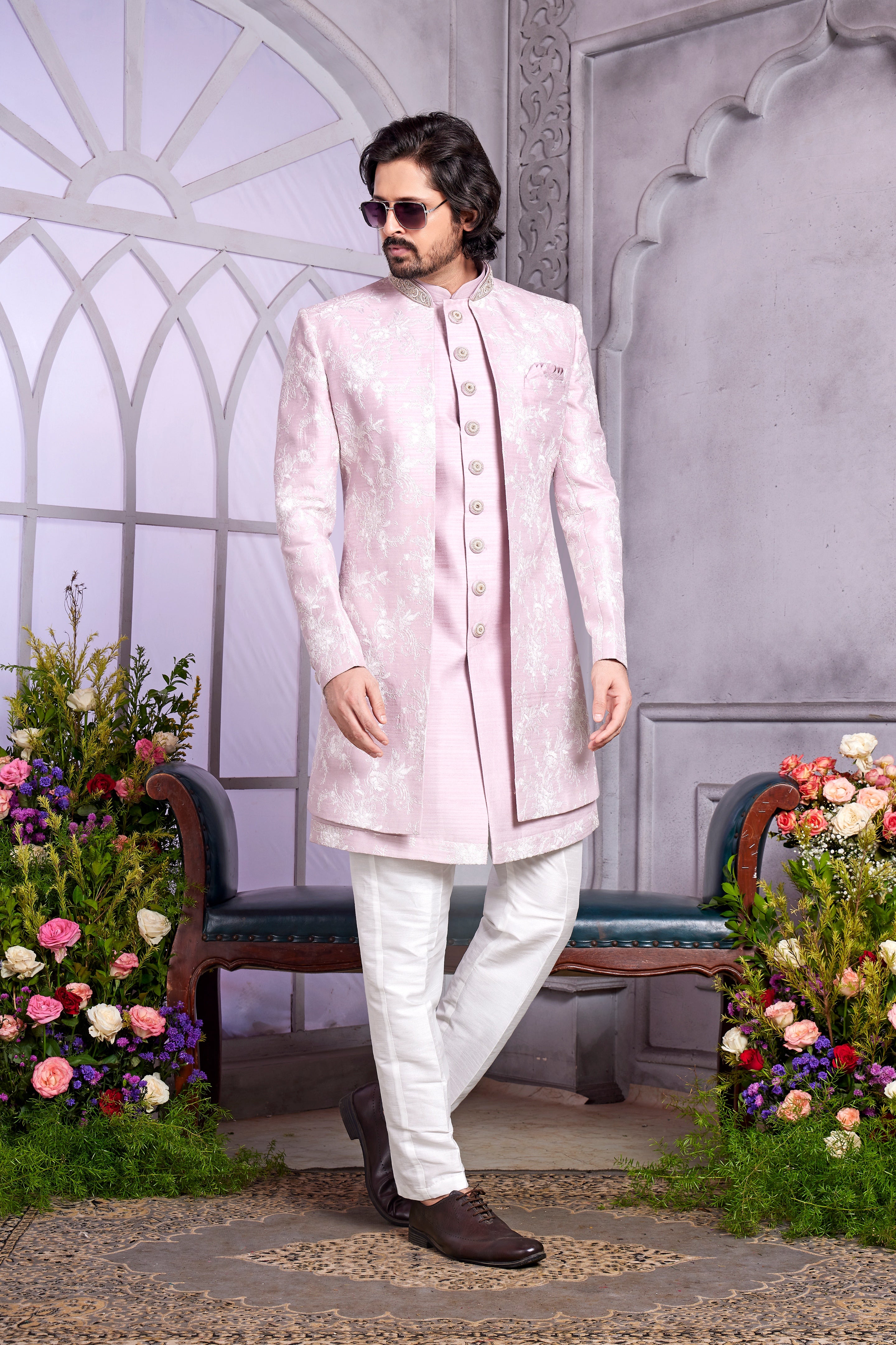 Pink Indo Western Dress For Engagement For Groom Light Pink Indo Western Dress For Men Pastel Wedding Outfit Pink Indo Western Dress For Engagement For Groom Light Pink Indo Western Dress For Men Pastel Wedding Outfit