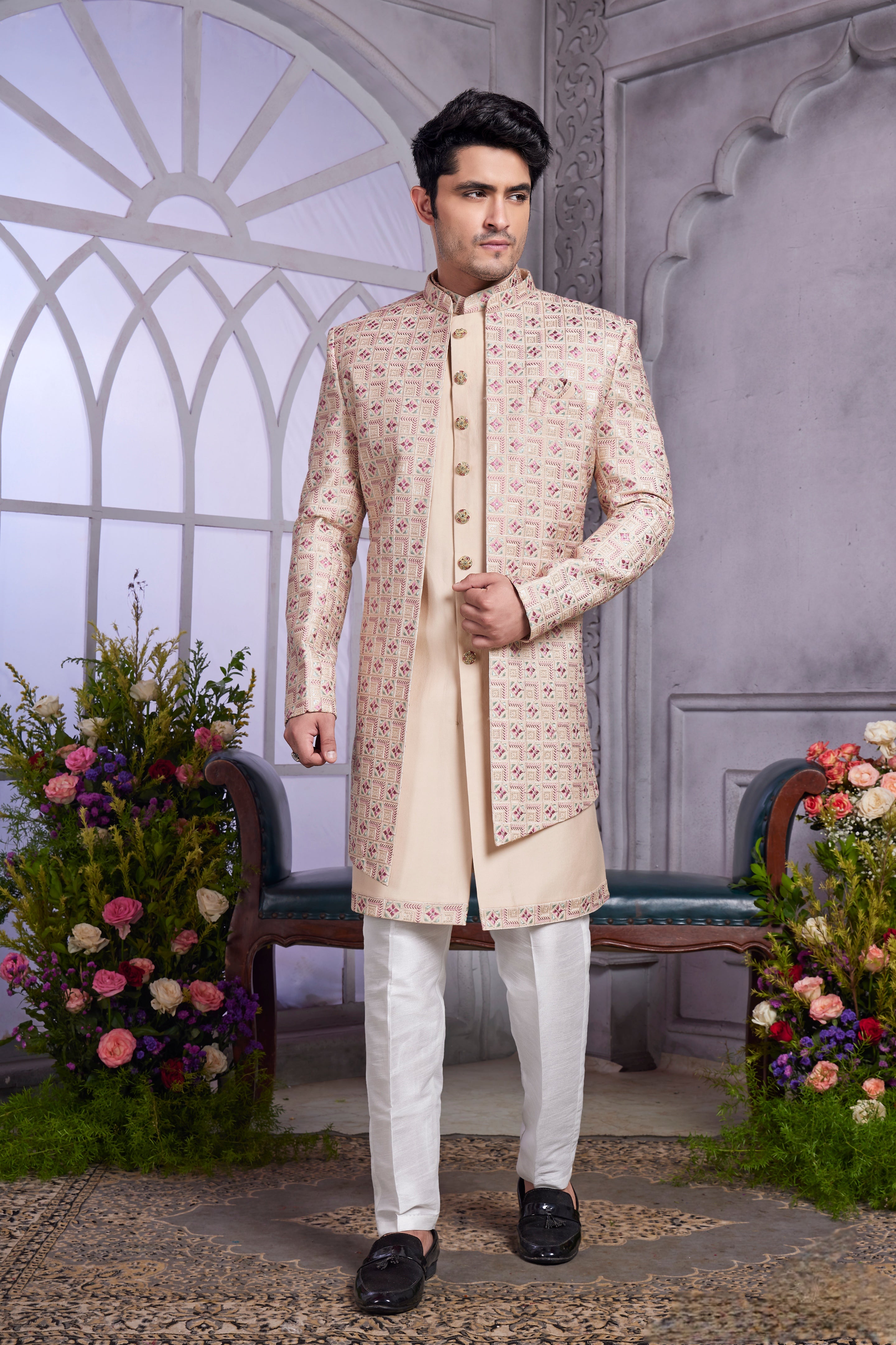 Beige indo western with red thread work