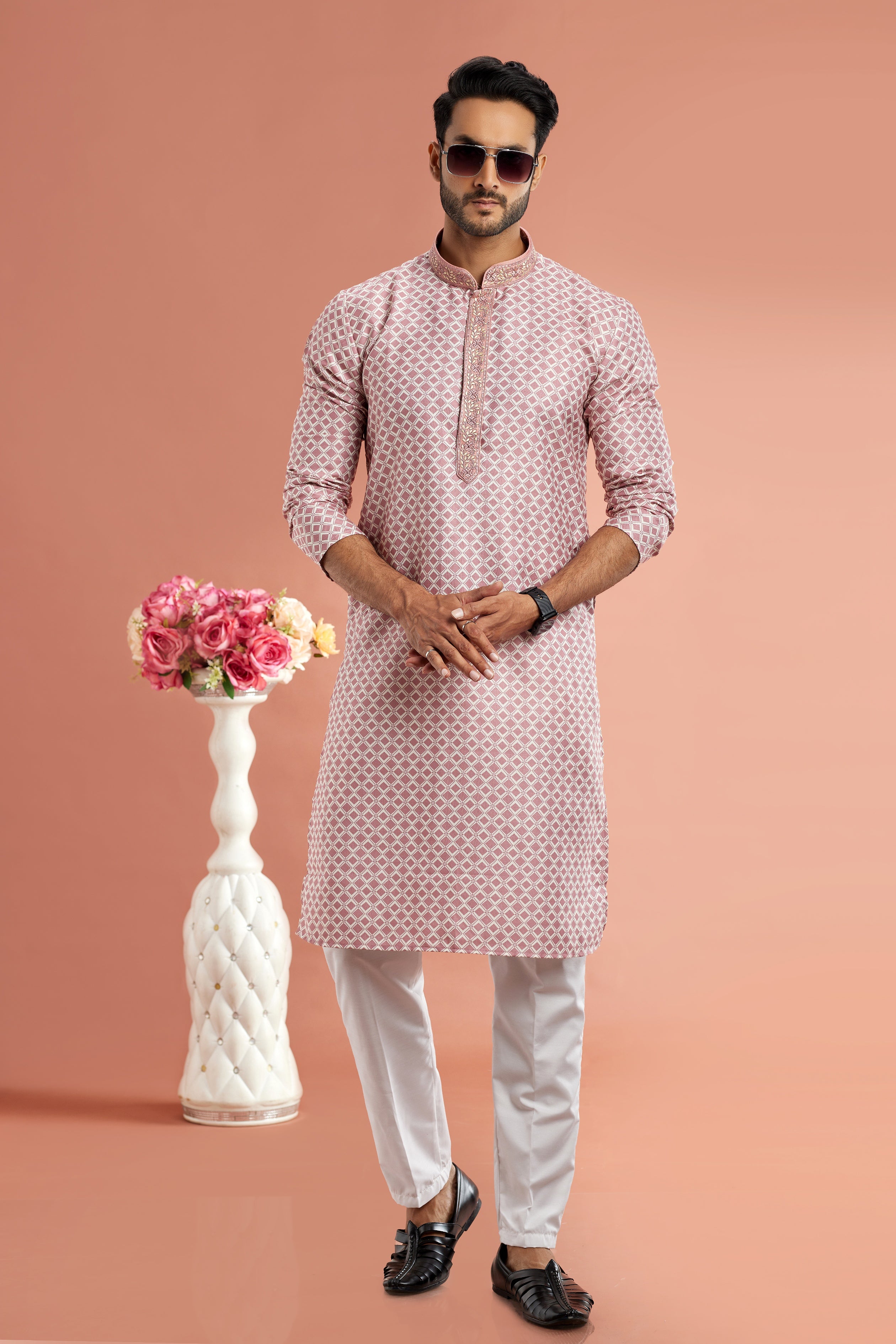 pink printed kurta pajama for men