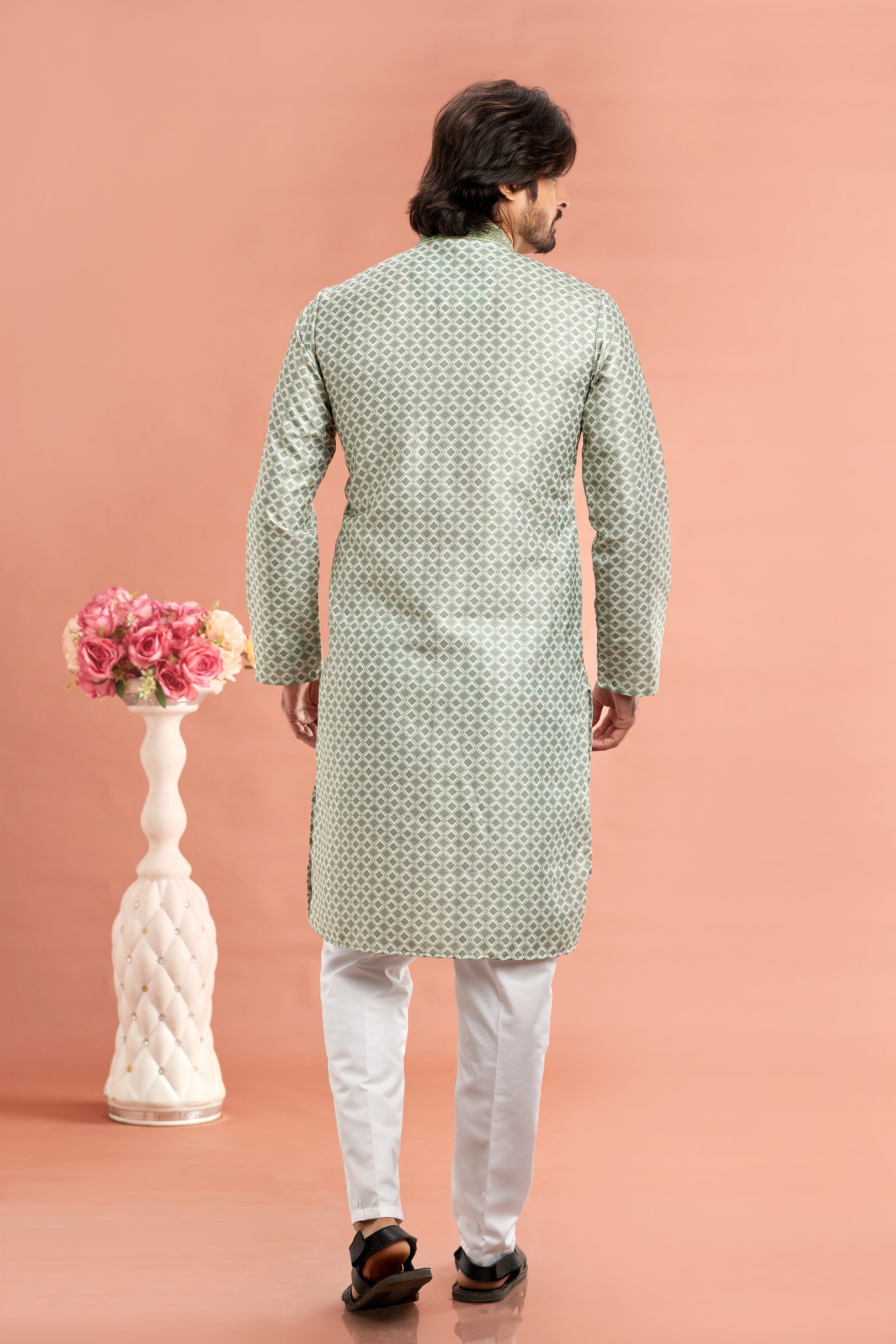 Festive green cotton kurta for men