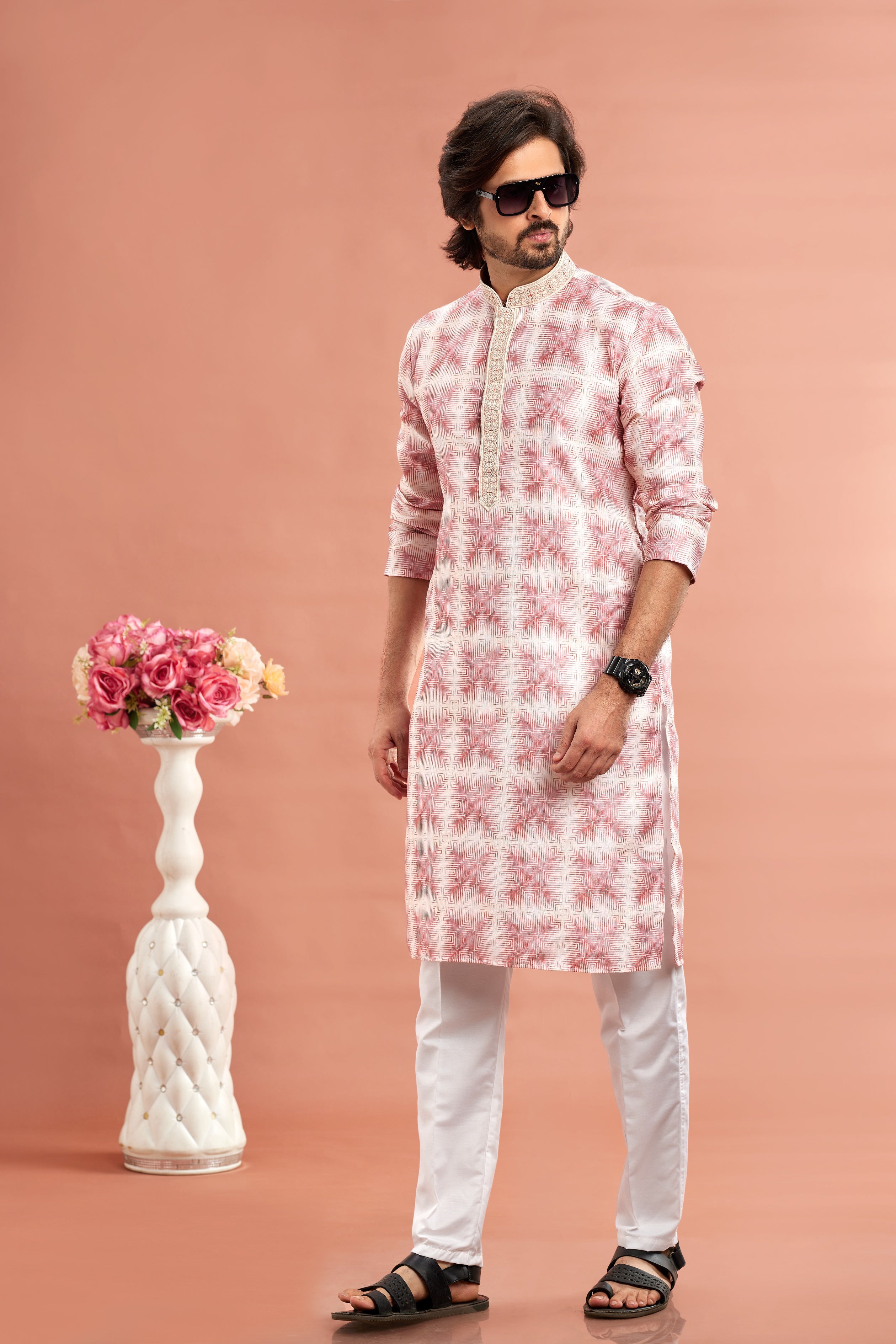 Pink printed kurta pajama for men