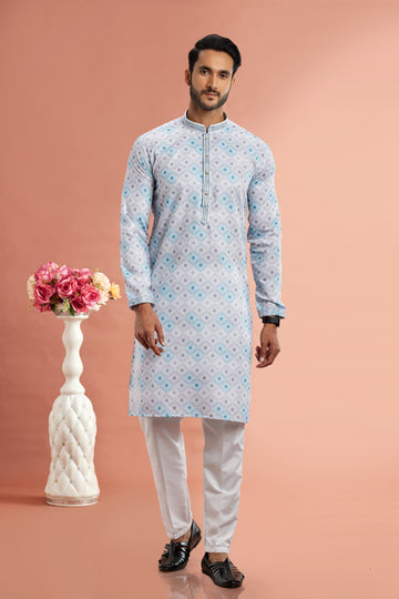 Light blue printed kurta pajama for men