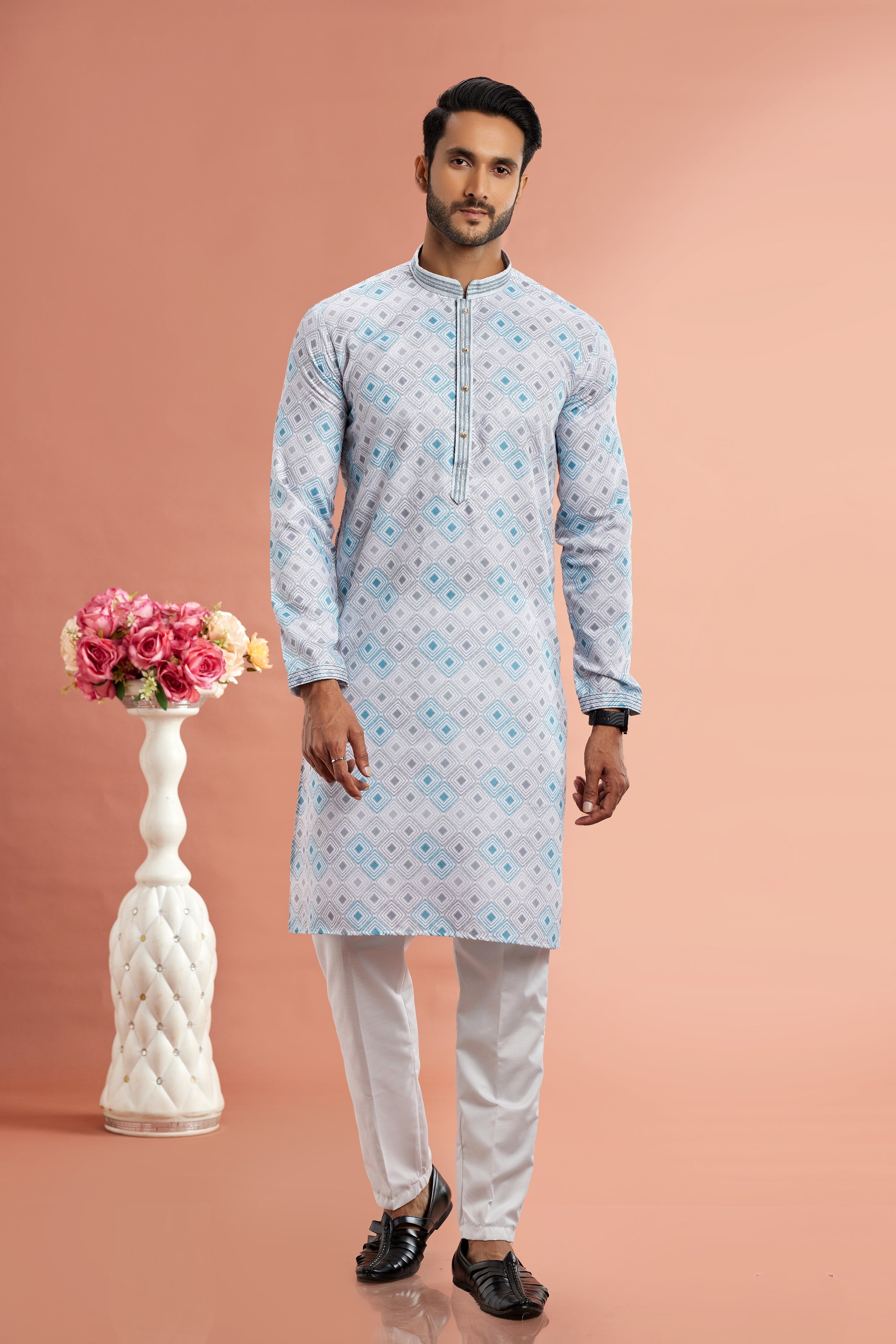 Light blue printed kurta pajama for men