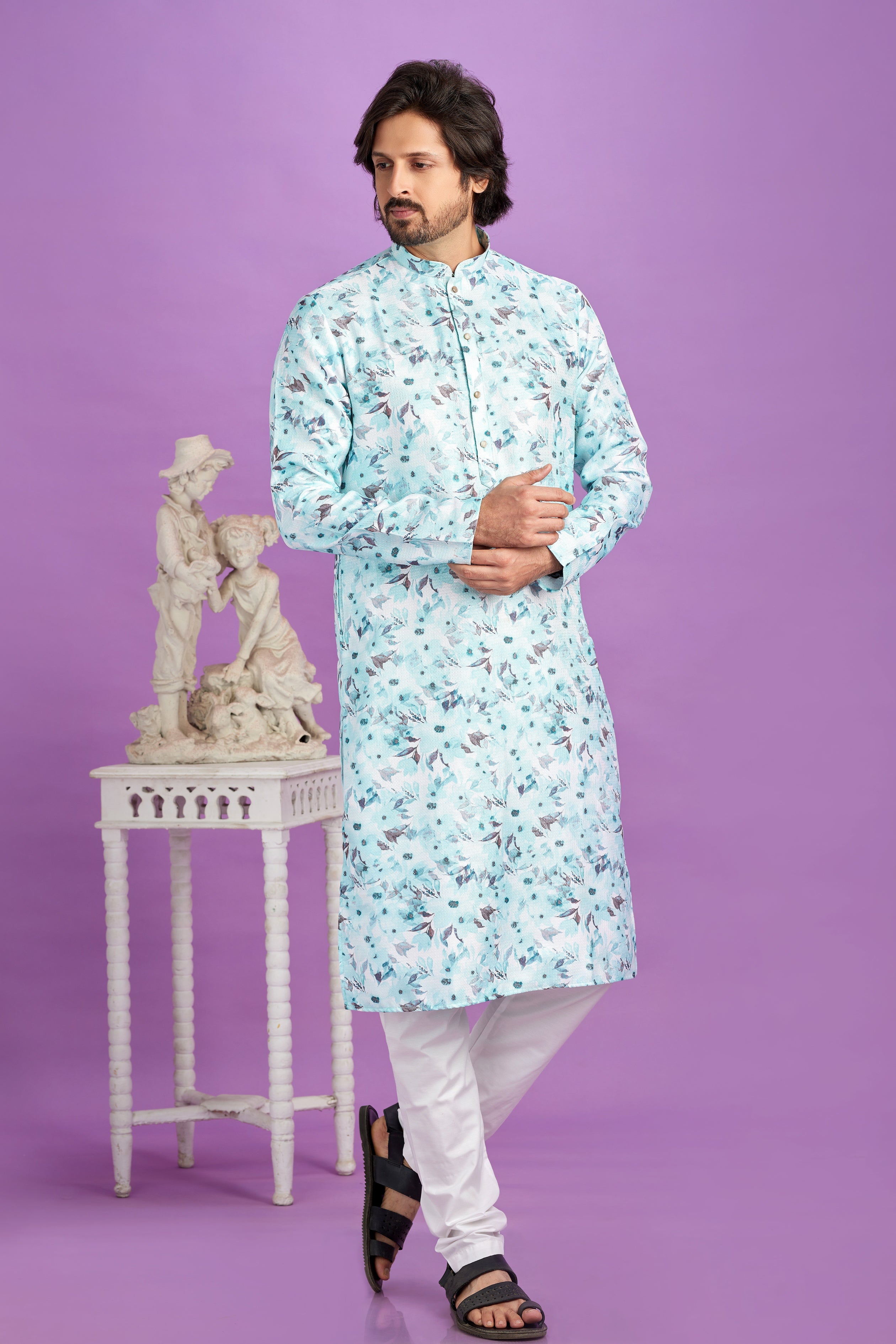 Aqua blue floral print kurta pajama