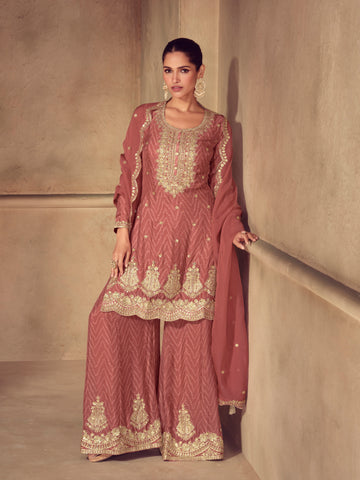 Maroon Chinon embroidered sharara suit for women