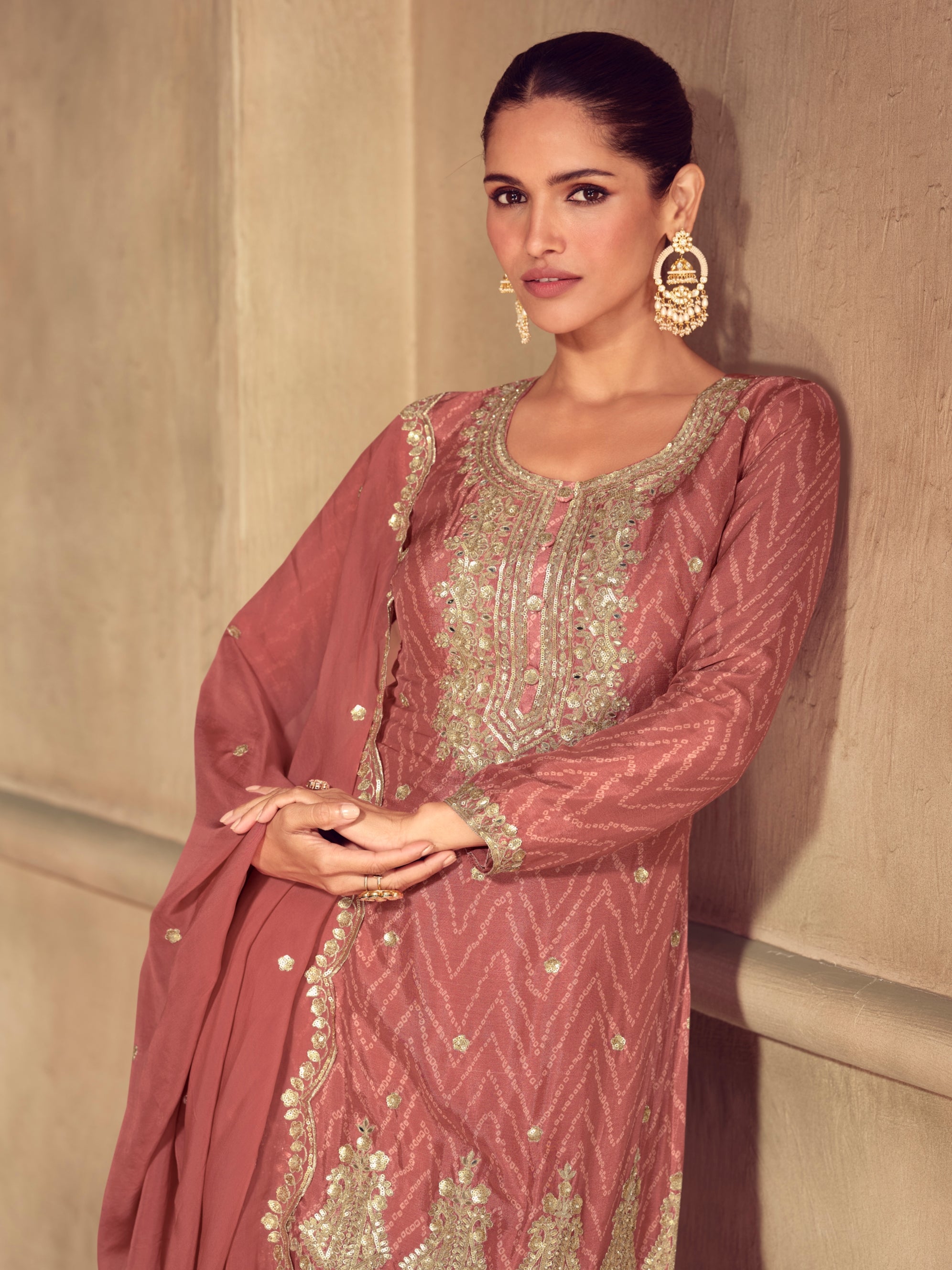 Real Chinon maroon sharara outfit with golden work