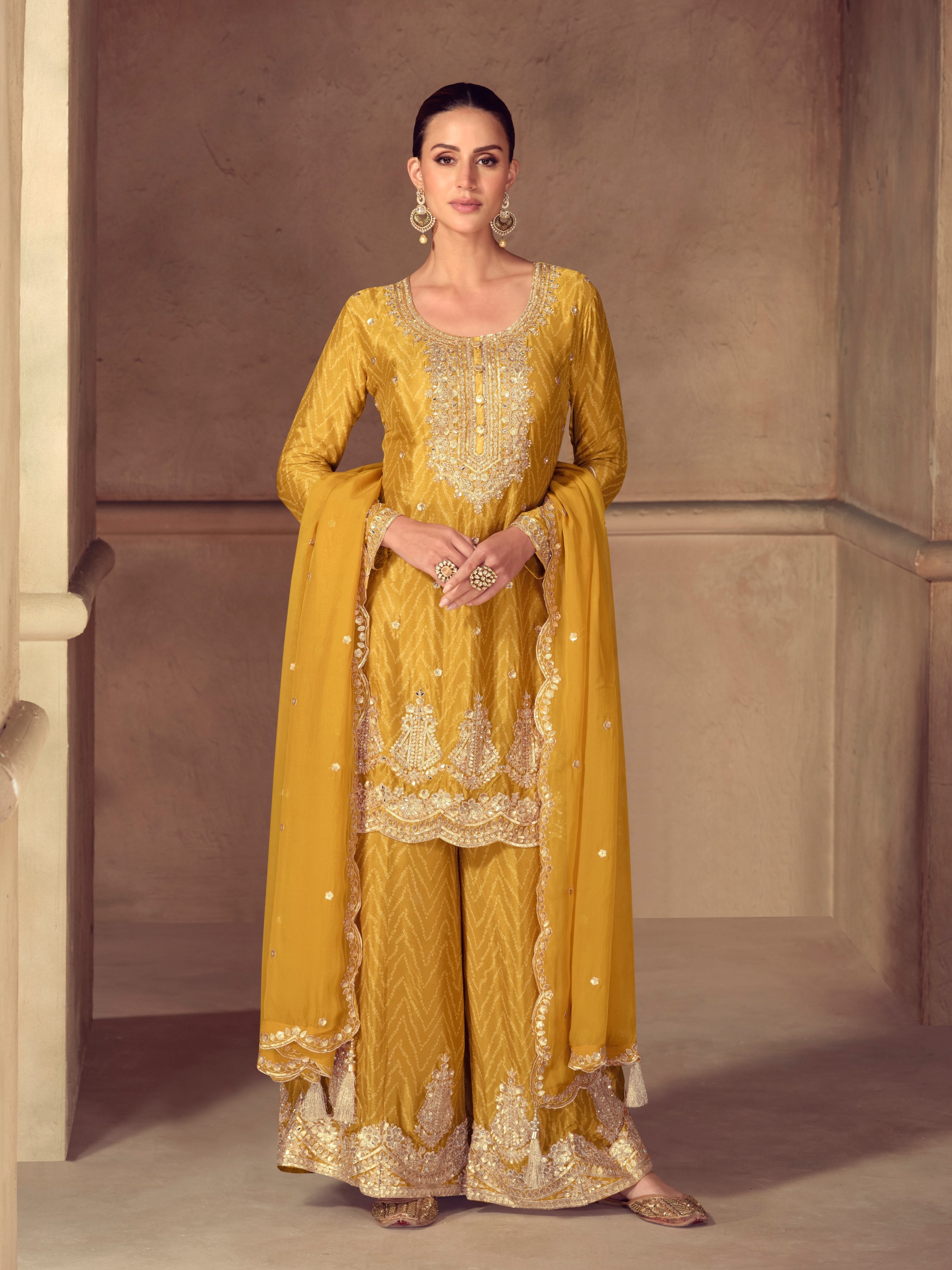 Mustard yellow chinon embroidered sharara suit