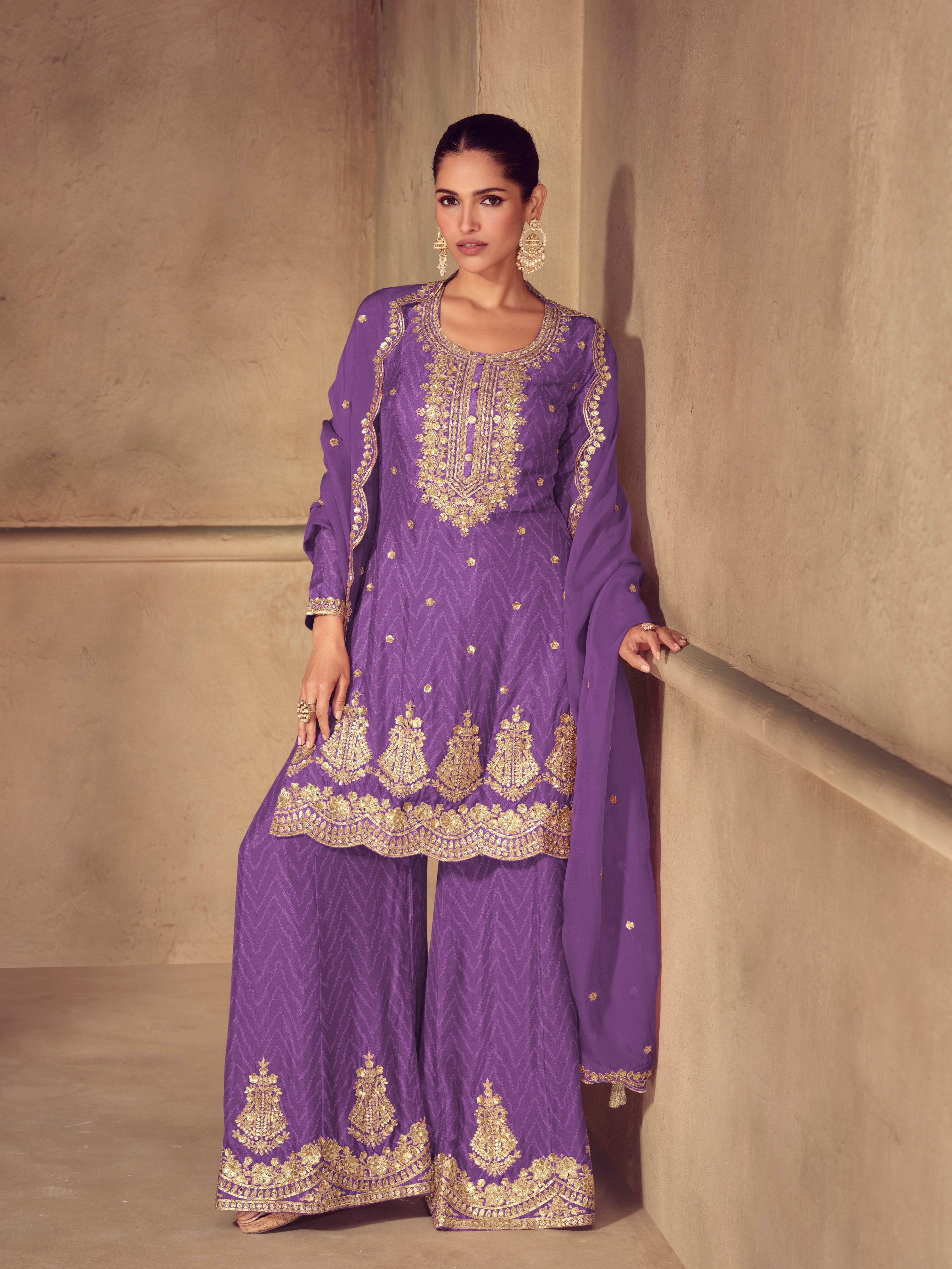 Purple real chinon embroidered sharara suit