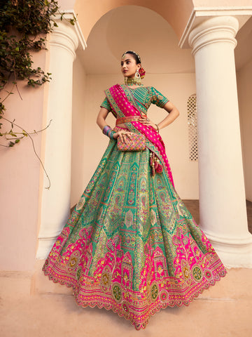 Sea green Banarasi lehenga with pink dupatta