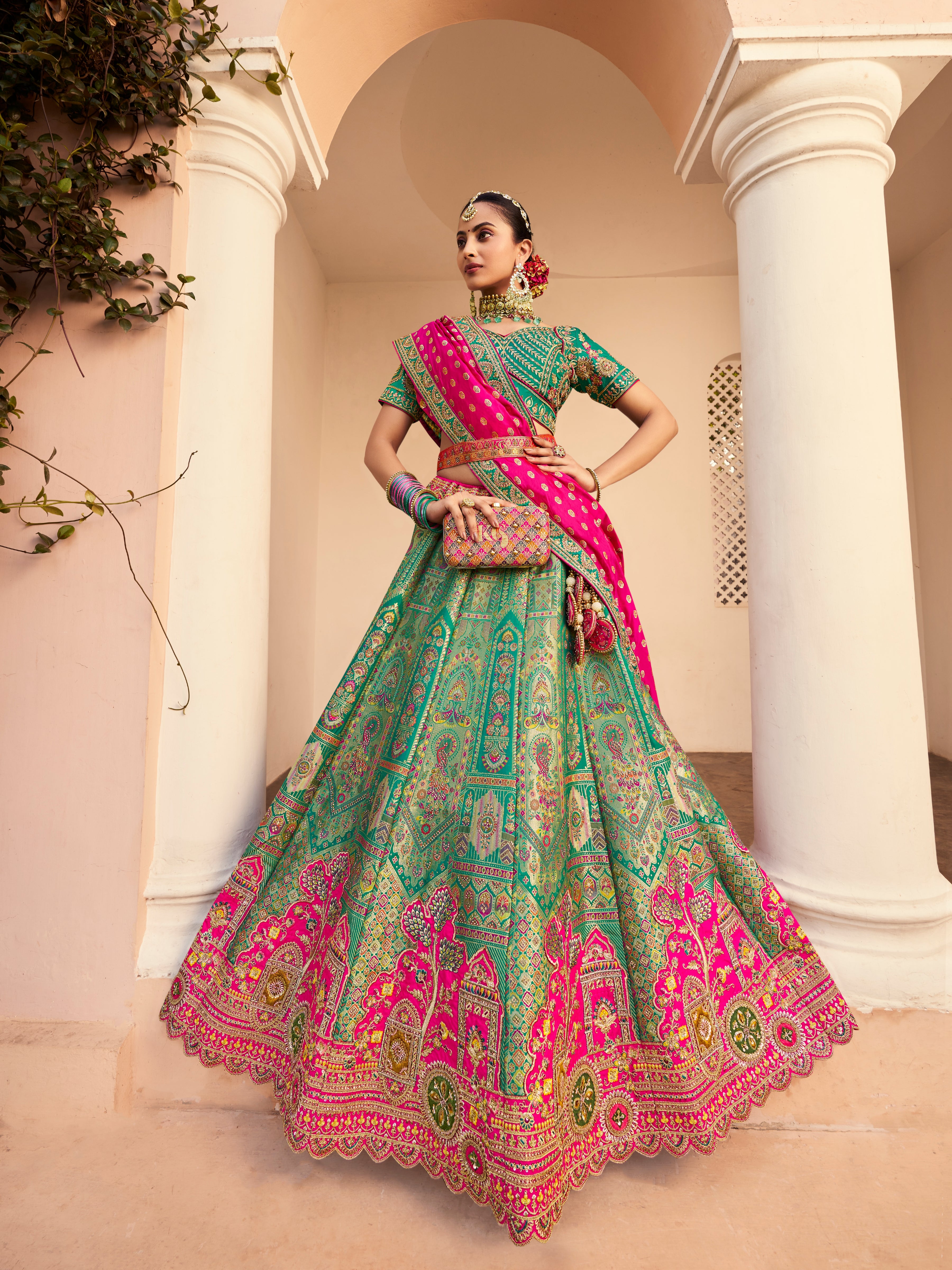 Sea green Banarasi lehenga with pink dupatta