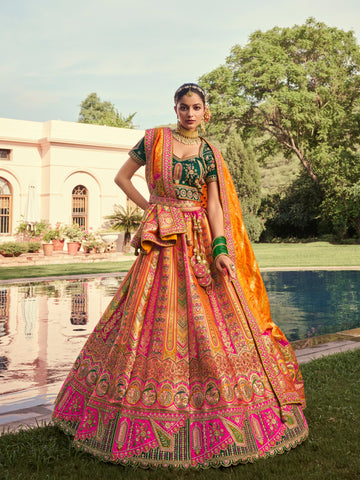 Green and orange Banarasi lehenga choli