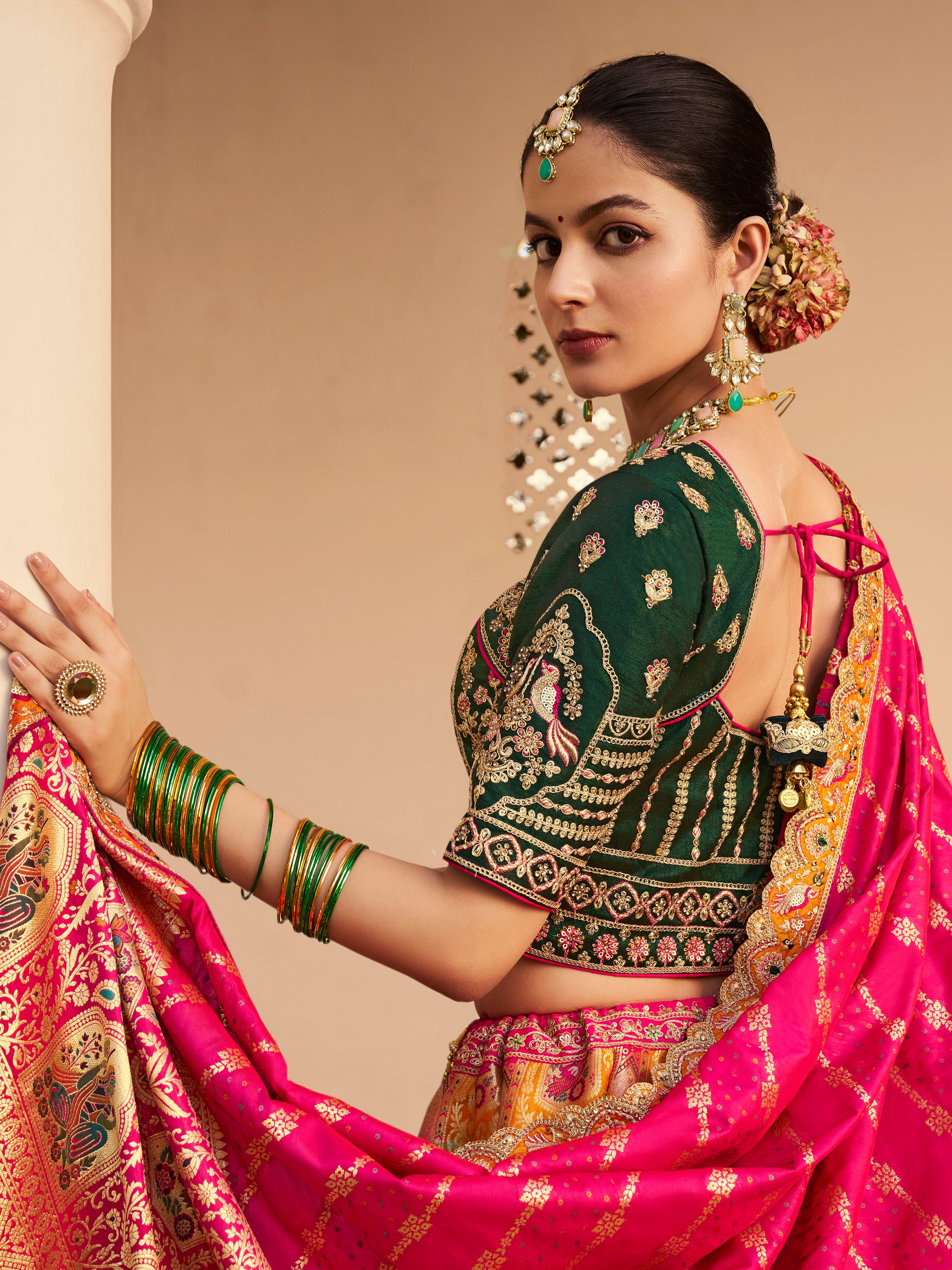 Vibrant bridal banarasi lehenga with heavy work