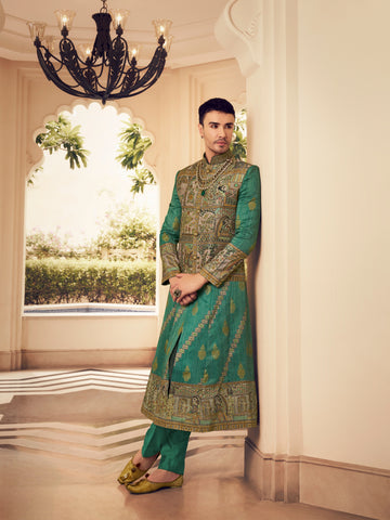 Green silk kurta pajama for men