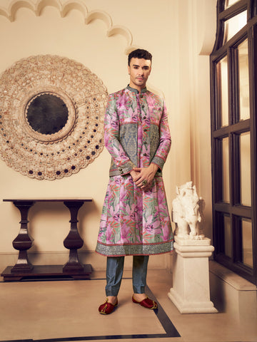 Pink lilac floral men’s kurta