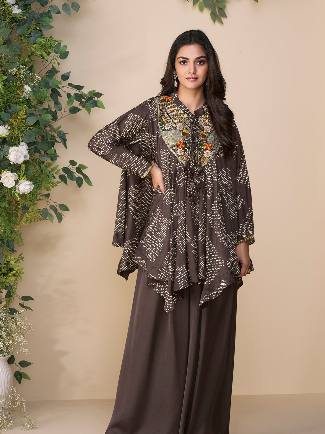 Brown embroidered chinon silk kurti with plazzo set