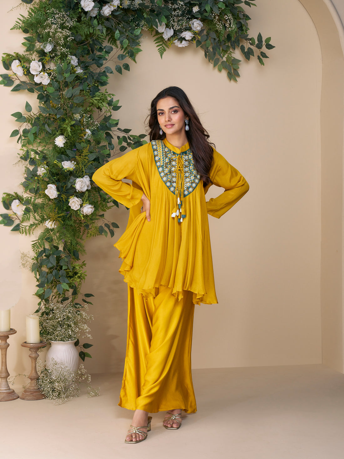 Women's Embroidered Yellow Kurti Set