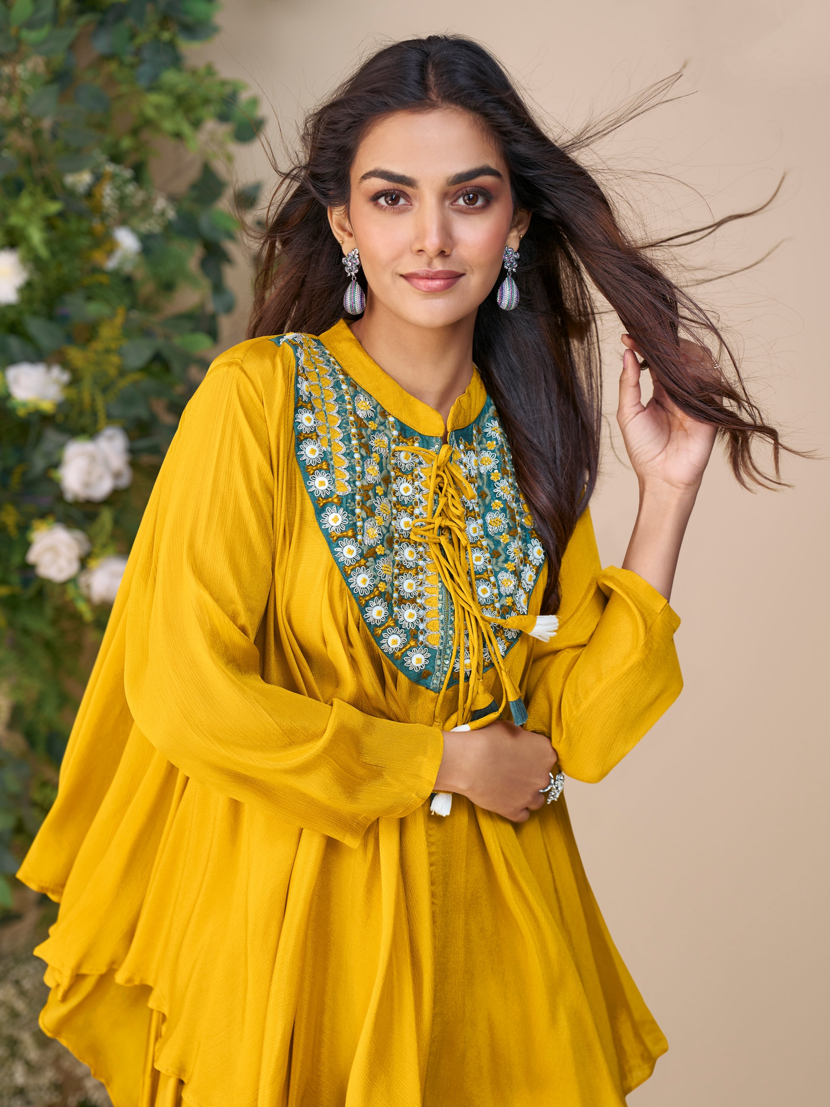 Elegant yellow poncho style kurti in silk