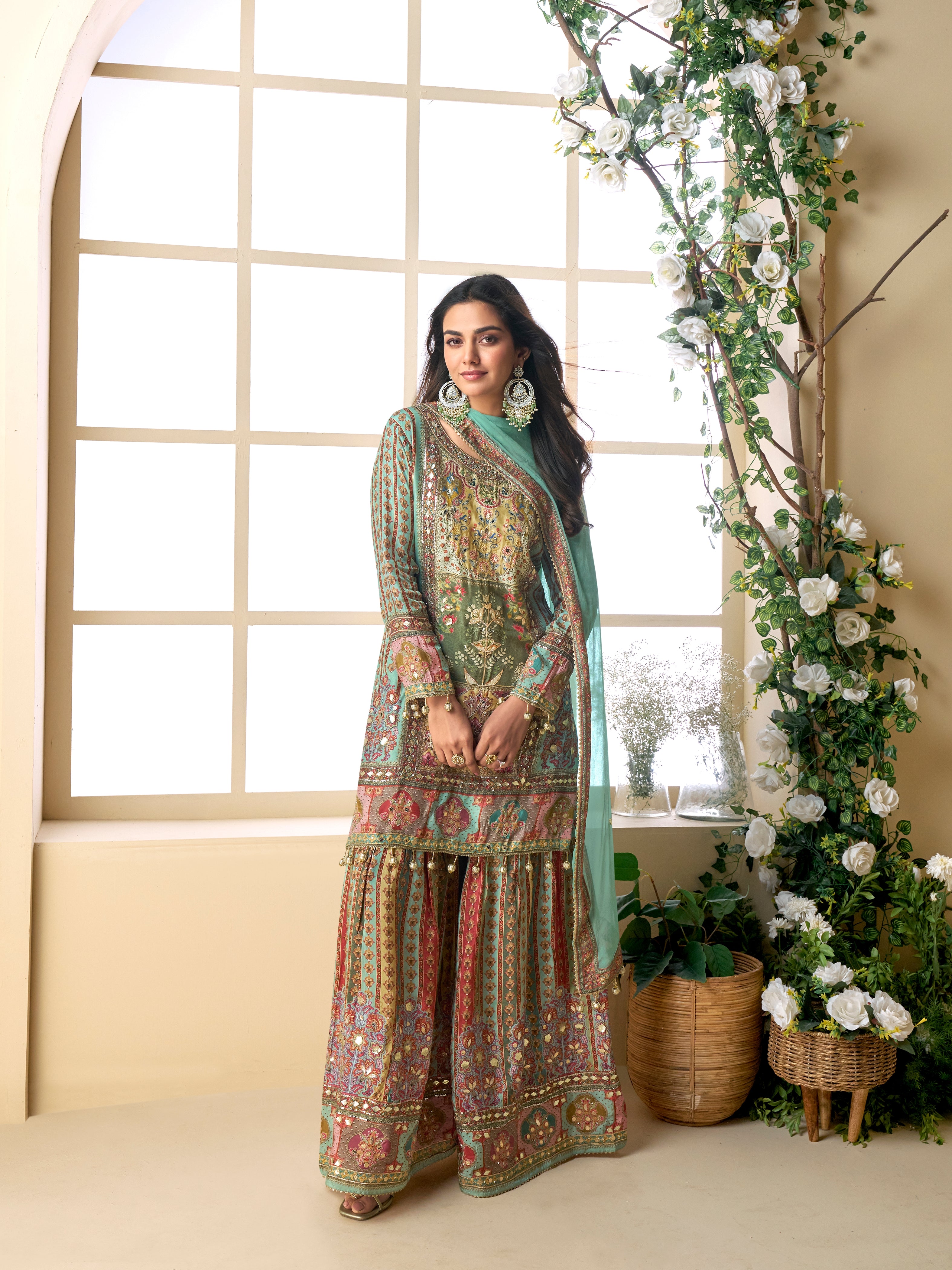 Mint green sharara suit with gota patti and aari embroidery