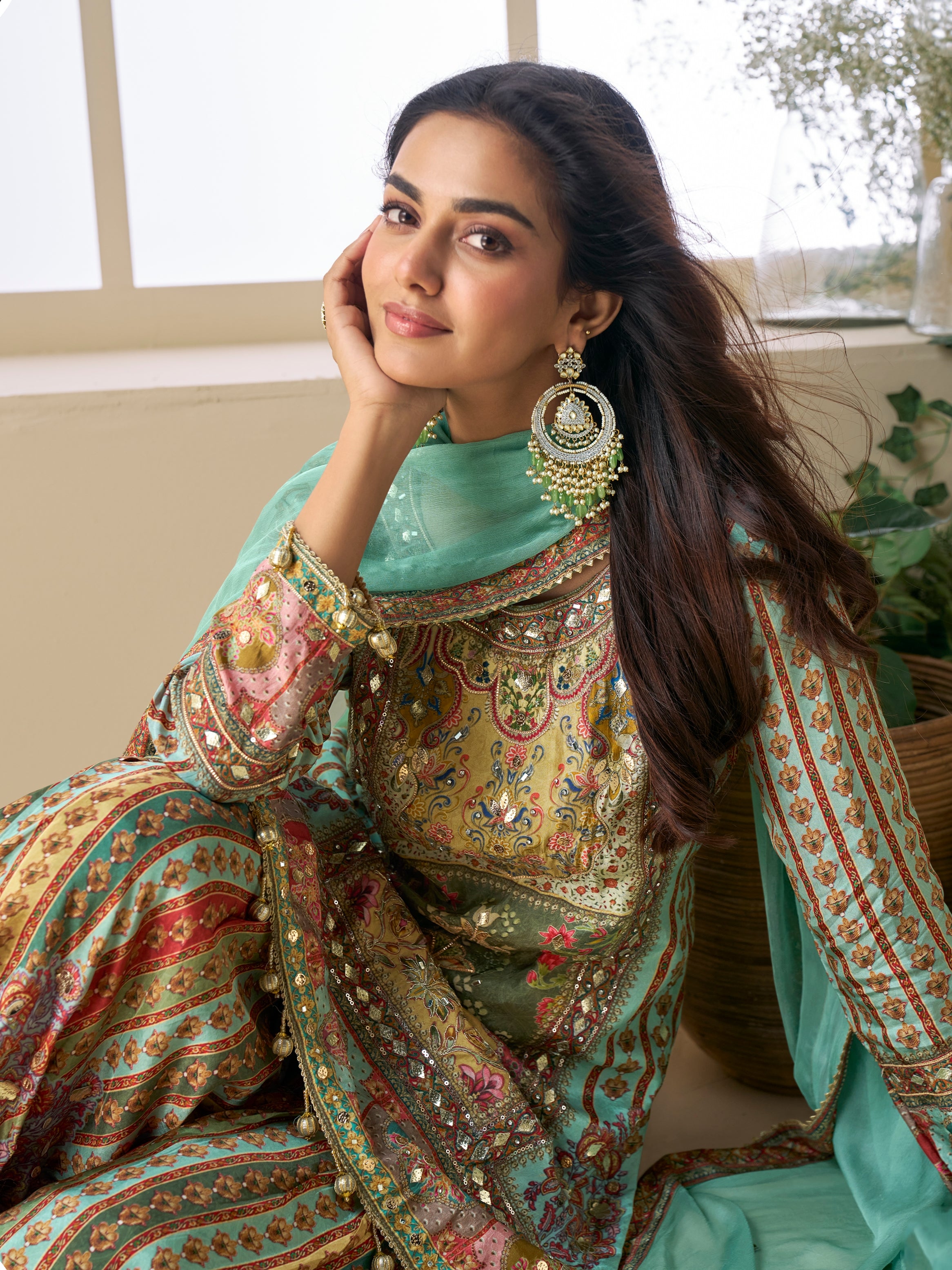 Front view of stitched viscose silk sharara suit set